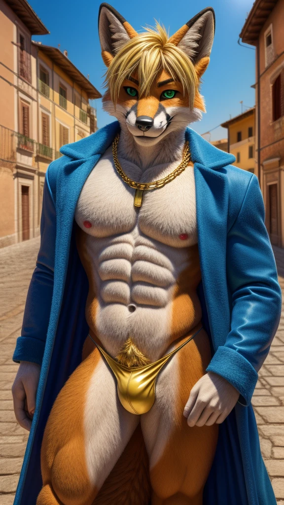 a fursuit Fox male muscular adult alone Italian 35 years old blue coat Golden hair gold chain and green eyes looking at the viewer with a seductive smile wearing nothing just a cute and very revealing gay thong is outdoors posing for camera somewhere random in Italy.