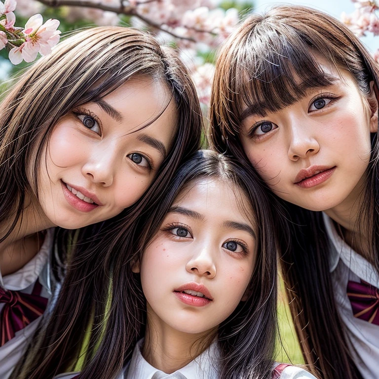 Best_Quality, HDR, masterpiece, Hi-Res, (Acutance:0.85), (realistic and photorealistic with touch of rawness:1.37), (group photo:1.6), ((3SchoolGirls Surrounding the camera in Upward composition)), Panoramic, (NOGIZAKA face variations:1.4), { Looking down at the camera | (Kissing face to face) }, (((close:1.2, Face closeup from below:1.4))), (((Sky background)) with CherryBlossoms) . BREAK  Extremely Detailed KAWAII face variations, captivating gaze, elaborate detailed Eyes with (sparkling highlights:1.32), long eyelashes、Glossy RED Lips with beautiful details, Coquettish tongue, Rosy cheeks, Glistening ivory skin . { (Dynamic joyful expressions) | (:d) | (Kissing) }, Childish, SchoolUniform, { Different types of hair colors | Bangs | Hime cut  | OKAPPA } 