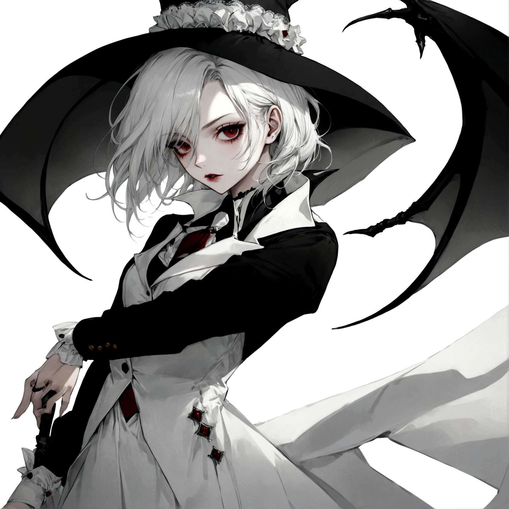Draw a classy girl vampire hunter ,white plain background , vampire classy . only white background white everything