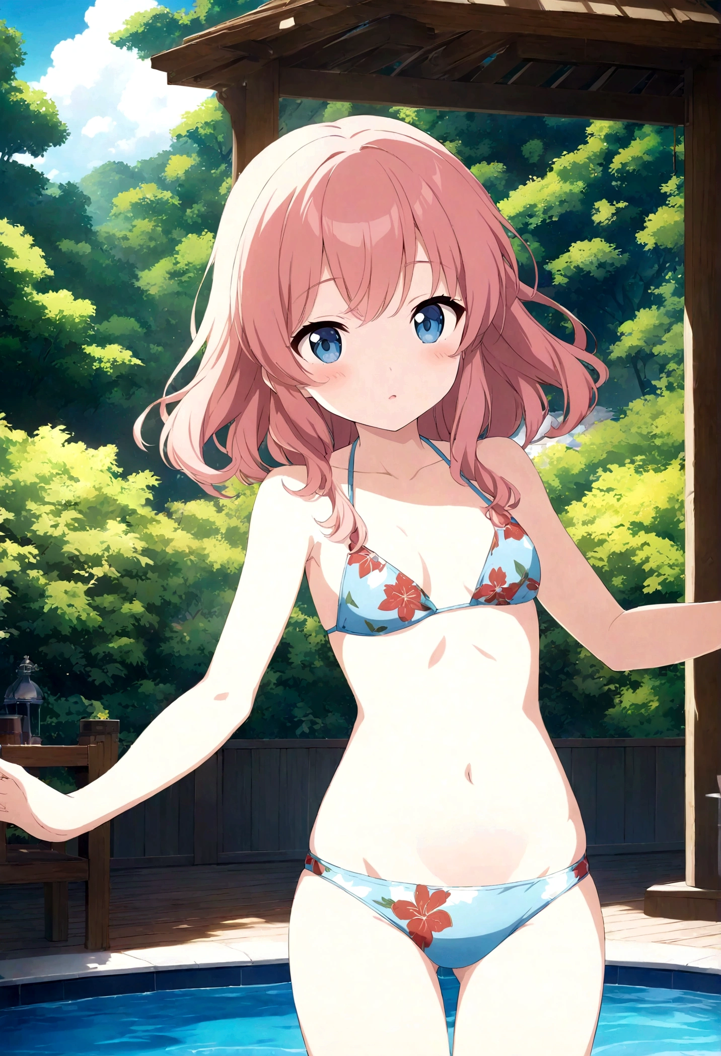 Anime girl in bikini standing by pool with gazebo in background, , Cute girl anime visuals, Smooth anime CG art, Splash art anime , Cute realistic portrait, Realistic Bikini, Enchanting anime girl, Cute Anime Girl, Swimwear, shikamimi, everyone, Detailed digital anime art, Beautiful and attractive anime teen