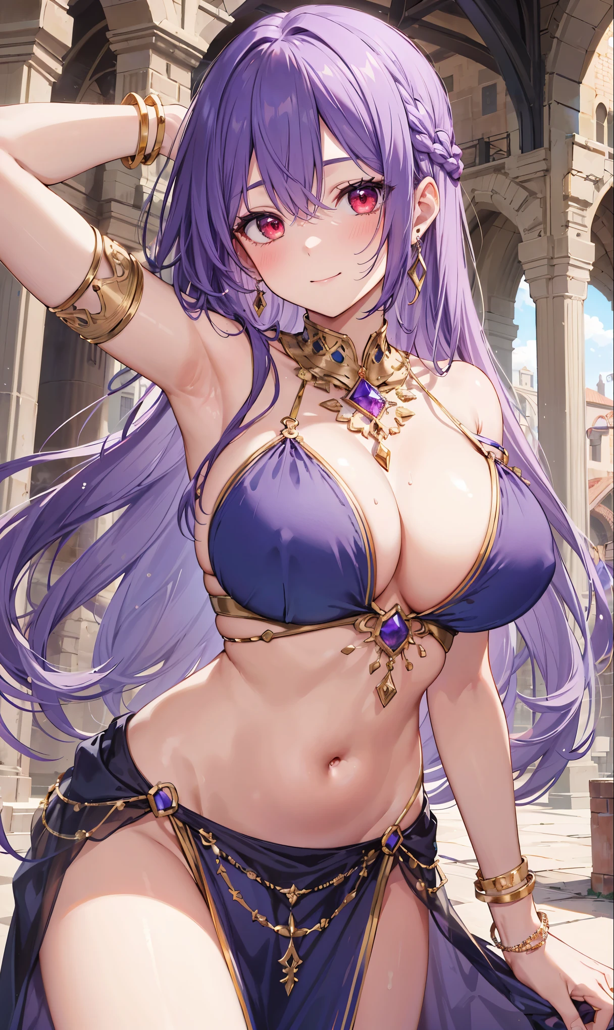 high quality, ultra detailed, best quality, insanely detailed, beautiful, masterpiece, 1girl, medieval plaza, cowboy shot, red eyes, long hair, purple hair, belly dancer, circlet, earrings, armlets, bracelets, bashful smile, large breasts, cleavage, soft stomach