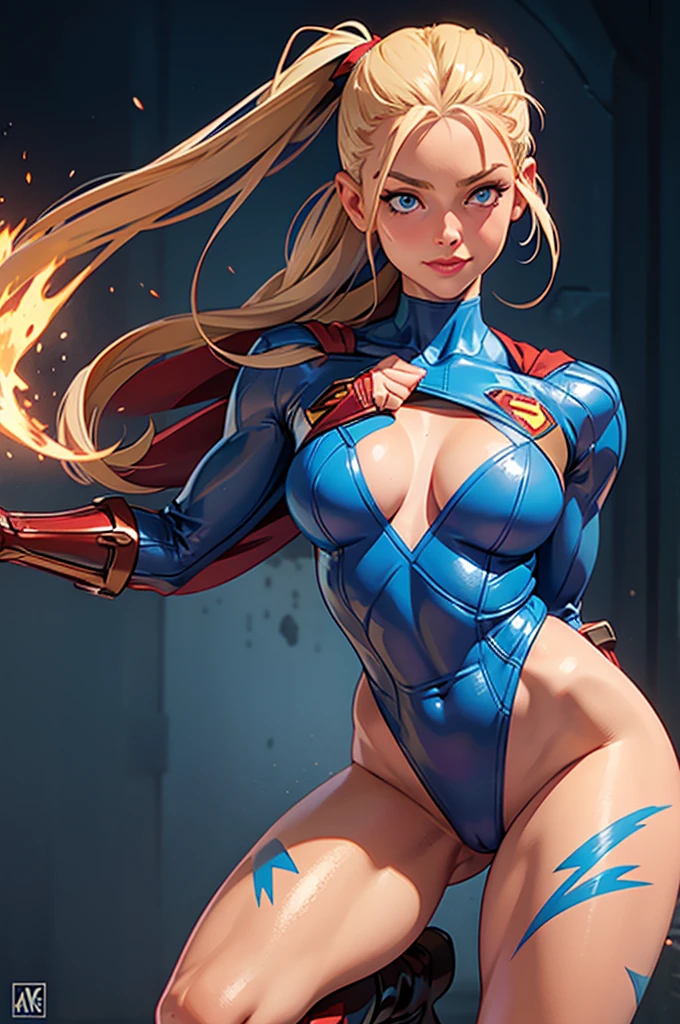 Masterpiece, 4k, highly detailed, supergirl, Looking to the camera, blue eyes, platinum blonde hair combed into long pigtails with a small blade of bangs over her forehead, Titis ancho,, (()), Beautiful large breasts woman dressed as a military woman ((blue thong class leotard and the superman insignia on her chest)), (()), ((())) , red boots and red gauntlets, (), Clear half-body image, smiling at the viewer, Extreme amount of details, (Make every pixel count to draw the most beautifully detailed art you can :1.1), analog style, bright colors, symmetrical, centered, close-up, feminine, athletic, fit, narrow waist, tall, tanned skin, realistic body proportions, realistic, photo-realistic, 8k, highly detailed, LED light, laser lights, fruity, (thepit bimbo:0.5), Glossy, anatomically correct, symmetrical anatomy
Feedback