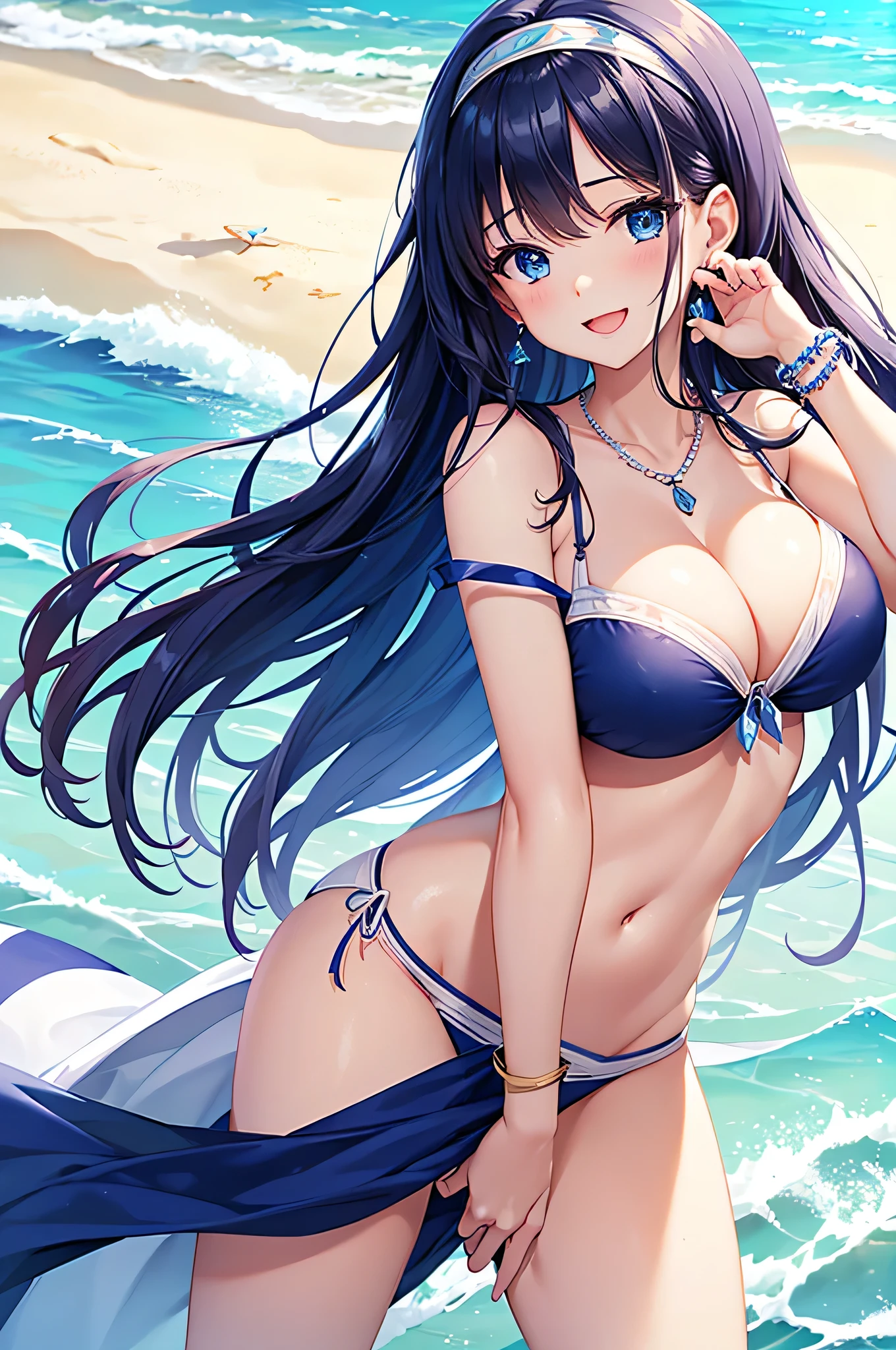 highest quality、highest quality、masterpiece、beautiful girl、Navy blue long hair、blue eyes、Sexy white bikini、Big cleavage、(Big Breasts),smile、blue necklace、Blue Earrings、background(Beach)、Please open your mouth wide、White headband、bracelet、A dynamic pose