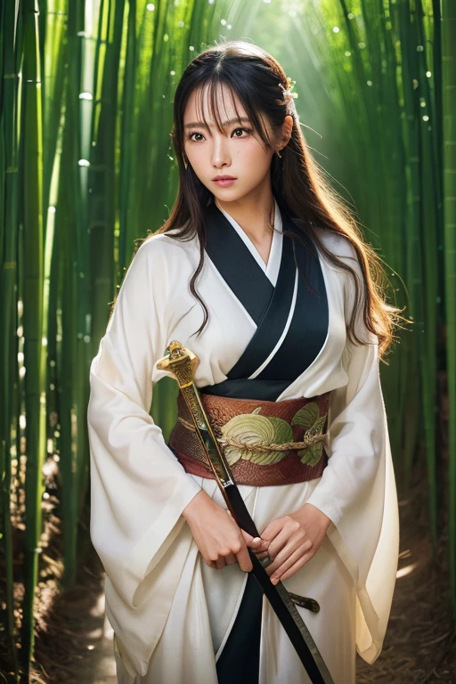 ((Holding a sword)))、(((Tears running down my cheeks)))、Beautiful Japanese Supermodel Women, Hair with subtle highlights,Long Hair、 iris, sexy，Bamboo forest background，Gorgeous kimono （Floral）, Backlit photography，perfect face lighting，Mixed Media,((Full Body Shot))