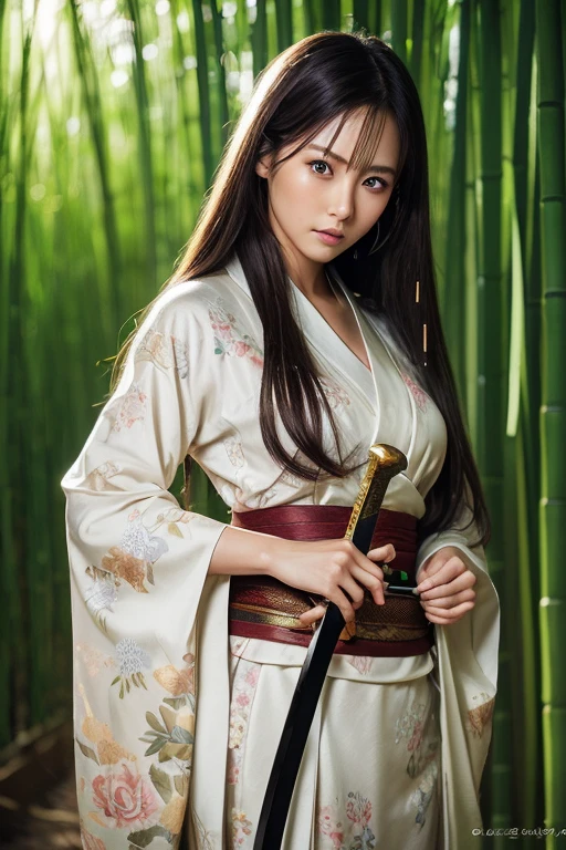 ((Holding a sword)))、(((Tears running down my cheeks)))、Beautiful Japanese Supermodel Women, Hair with subtle highlights,Long Hair、 iris, sexy，Bamboo forest background，Gorgeous kimono （Floral）, Backlit photography，perfect face lighting，Mixed Media,((Full Body Shot))