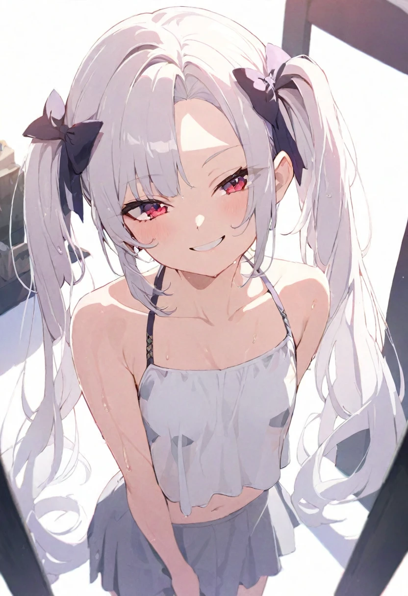 (masterpiece), (best quality), perfect face, beautiful girl, white background background, delicate and beautiful face and eyes, dark intense shadow, 
1 girl, vtuber style, cool girl, hololive, Nakiri Ayame, bikini, wet body, small chest, cropped shoulders, clavicle, winking, smile, bare feet, chest visible through clothes, (full body), looking at viewer, standing, 