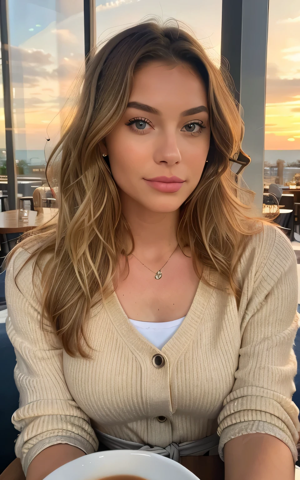 Belle blonde portant un pull beige (sipping coffee in a modern cafe at sunset), very detailed, 21 ans, visage innocent, natural wavy hair, yeux bleus, high resolution, Chef-d'ouvrages d'art, Best quality, Intricate details, very detailed, acuity, detailed skin, Realistic skin texture, texture, detailed eyes, professionnel, 4k, sourire charmant, shot with Canon, 85mm, faible profondeur de champ, Kodak Vision Couleur, Corps parfaitement ajusté, Extremely detailed, photo_\(ultra\), photoRealistic, Realistic, Post-traitement, maximum detail, roughness, vrai vie, ultra Realistic, photorealism, La photographie, 8K UHD, La photographie