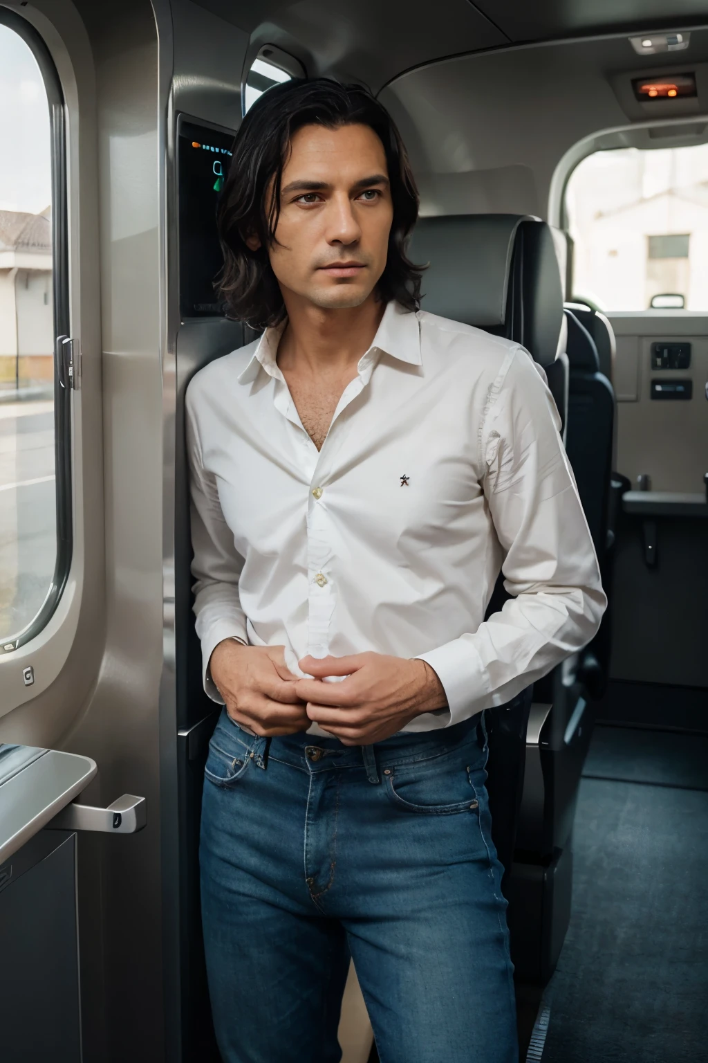 RAW photo of an elegant man, 50 years old, European, light green eyes, black hair blurred background, full body plane, blue jeans, white shirt, looking at camera, cinematic, small details, photorealistic, ultrarealistic photo, 8k uhd, dslr, soft lighting, high quality, film grain, Fujifilm XT3, (masterpiece),