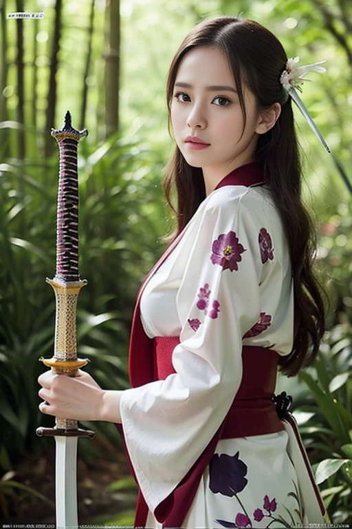 ((Holding a sword)))、(((Tears running down my cheeks)))、Beautiful Japanese Supermodel Women, Hair with subtle highlights,Long Hair、 iris, sexy，Bamboo forest background，Gorgeous kimono （Floral）, Backlit photography，perfect face lighting，Mixed Media,((Full Body Shot))