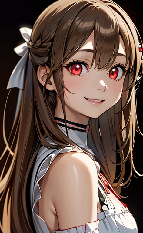 (Photorealistic:1.4)、(asuna,20-year-old:1.5),(masterpiece、lens flare:1.5、spot light:1.2、Exquisite beautiful eye:1.5,portlate),(kind eyes、tareme:1.2),(looking back:1.2)
、Cute Face、 3D Face、(light brown hair:1.5)、(straight hair),.(long sidelock:1.3),(blunt bangs:1.3),(1 woman)、(Red eyes:1.2)、(upper body:1.5)、(light smile:1.5)、(head tilt) ,(Cute face:1.2),(flat chest),(),kind face,(white red gothic lolita neck holder dress),(black background:1.5)、(glowing eyes:1.3)、()、 Neat and clean、Adorable、Demure,Slim Body(),Shiny Hair、()、Nijisketch,Manga,beautifuljapanesewoman