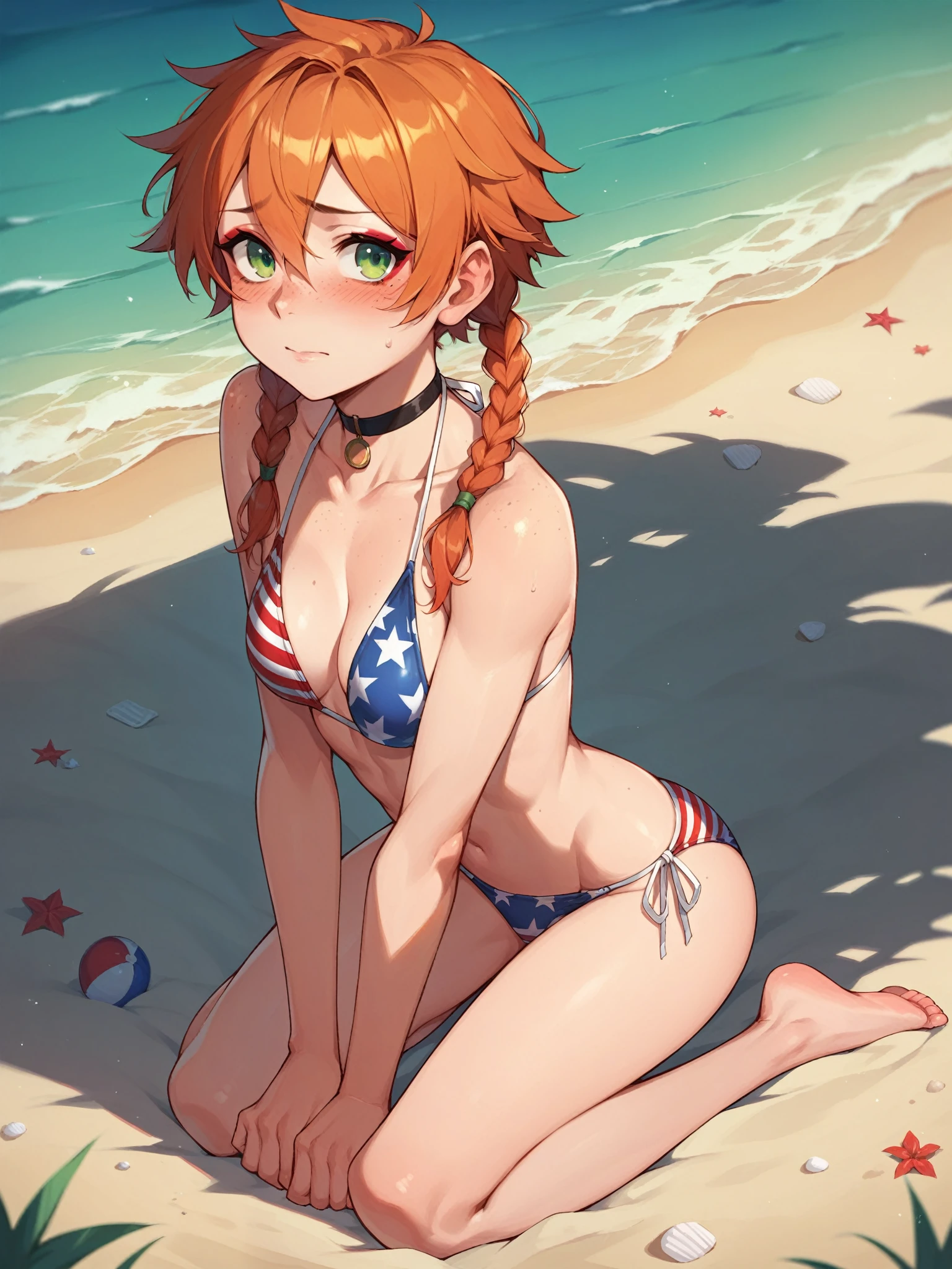 score_9, score_8_up, score_7_up, ginger hair, pigtails, braided pigtails, freckles, pale  green eyes, red eyeshadow, 1girl, solo, outdoors, beach, flag bikini, american flag bikini, American flag, tomboy, shy, blush, kneeling, choker