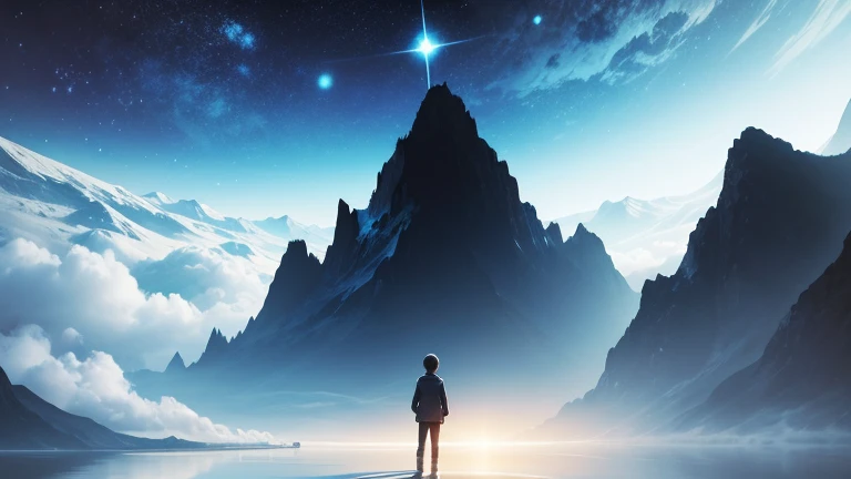 Clock on a calm blue background:0.8、Silhouette of a child holding his knees in the lower right:0.2、Particles of light are emitted from the silhouette of a 。