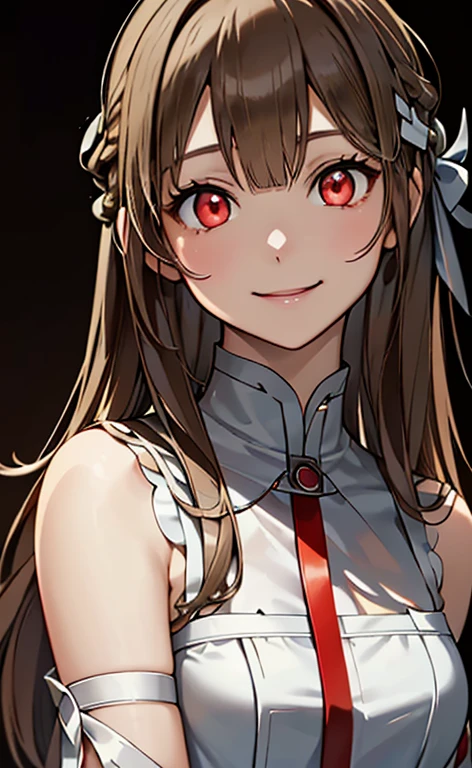 (Photorealistic:1.4)、(asuna,20-year-old:1.5),(masterpiece、lens flare:1.5、spot light:1.2、Exquisite beautiful eye:1.5,portlate),(kind eyes、tareme:1.2),(looking back:1.2)
、Cute Face、 3D Face、(light brown hair:1.5)、(straight hair),.(long sidelock:1.3),(blunt bangs:1.3),(1 woman)、(Red eyes:1.2)、(upper body:1.5)、(light smile:1.5)、(head tilt) ,(Cute face:1.2),(flat chest),(),kind face,(white red gothic ta neck holder dress),(black background:1.5)、(glowing eyes:1.3)、()、 Neat and clean、Adorable、Demure,Slim Body(),Shiny Hair、()、Nijisketch,Manga,beautifuljapanesewoman