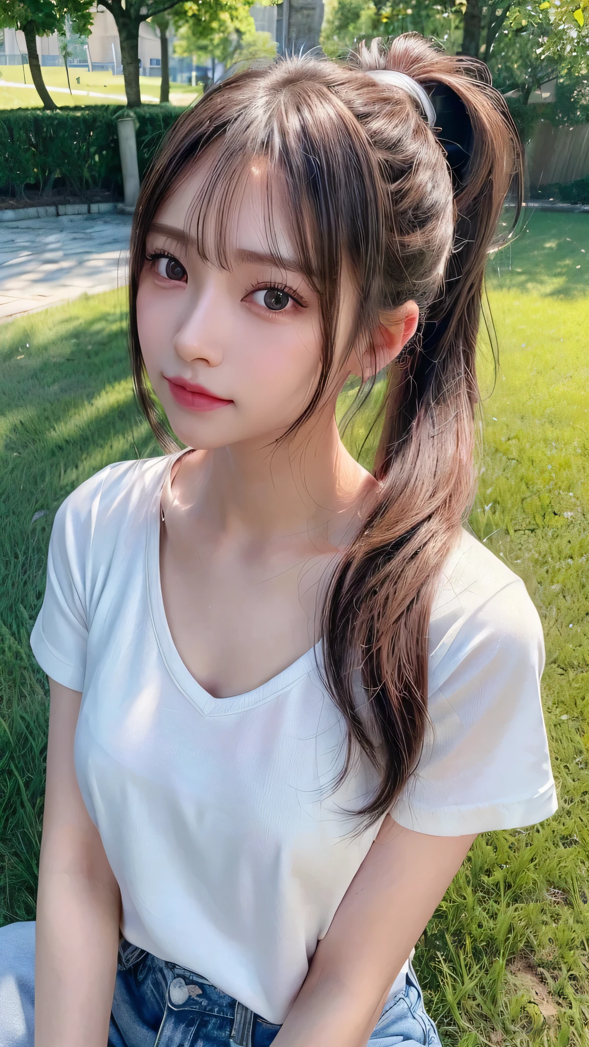 Black Bra,White T-shirt and jeans,outdoors,Urban Park,On the lawn,The straps of the Black Bra are visible.,Outdoor,Close-up of face,Outdoor,Blushing,Facing forward,,Long hair ponytail,((8K, Raw photo, Best Quality, Mastepiece:1.2), (Realism, Photorealistic:1.4), (Highly detailed 8k wallpaper), Depth of written boundary, Cinematic Lighting, Soft Light, Detailed Beauty Eye,Shiny and smooth light brown ponytail, Asymmetrical bangs, Shiny skin, Ultra-detailed skins ,It is high resolution., High detail, Detailed hairstyle, Detailed facial beauty, Hyper-realistic, Perfect limbs, Perfect Anatomy ,1 Japanese girl,Famous Japanese Idols, Perfect female body,A shy smile,Short eyelashes,Double-edged eyelids,Look straight here,Hair style: ponytail,