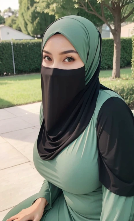 standing, solo, 1girl, mature female, hijab, green eyes, short girl, long hijab, full hijab, fat girl, fat body, beautiful face, cute face, sideboob, large breasts, thigh legs, areola slip, cleavage, leaning forward, huge breasts, curvy, fat, arms down, looking at viewer, blush, parted lips, light smile, long black hair, black colour hair,