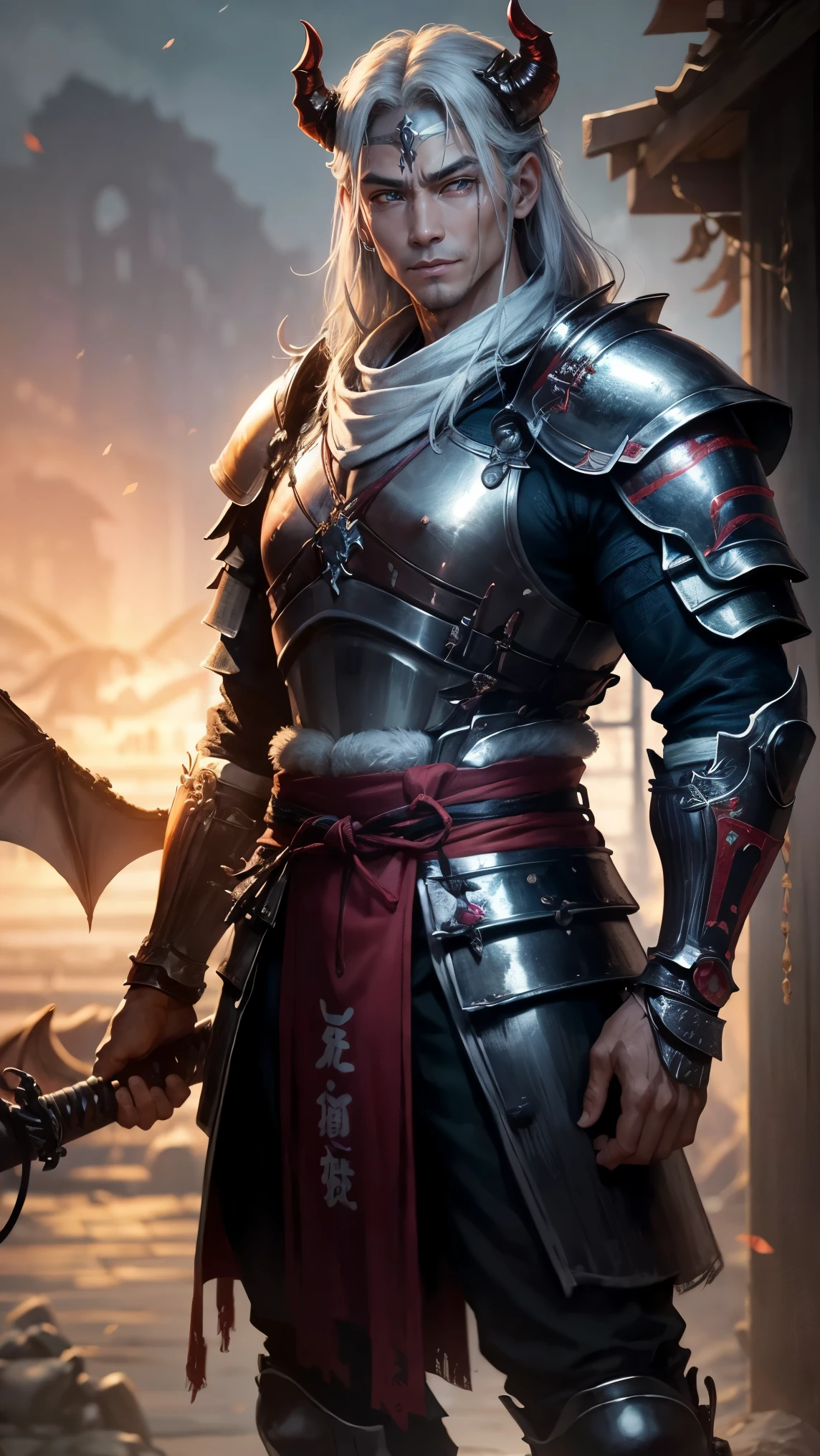 highest quality、masterpiece、8k、Realistic、超High resolution、Very delicate and beautiful、High resolution、Cinema Lighting、medium range shooting、Portraiture、Perfect Male Body、Opposition、Looking at the audience、((Demon:1.7))、Red eyes、Colours in harmony with nature、strong、A smile suits you、strong and muscular physique、Feel the strength of a warrior.、Tanned healthy skin、The perfect color for outdoor activities、((Samurai armor:1.6、Minimal decoration、Protection is key))、Warm and smiling、Be compassionate、、Approachable、hole々walk with purpose、Confident Steps。
