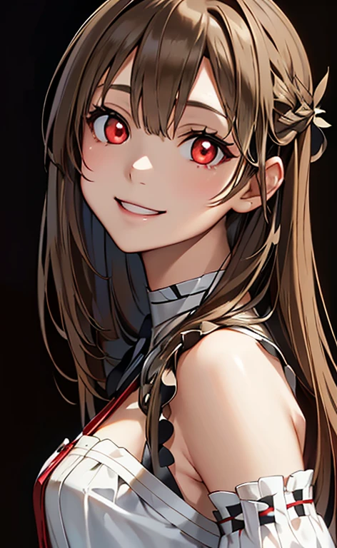 (Photorealistic:1.4)、(asuna,20-year-old:1.5),(masterpiece、lens flare:1.5、spot light:1.2、Exquisite beautiful eye:1.5,portlate),(kind eyes、tareme:1.2),(looking back:1.2)
、Cute Face、 3D Face、(light brown hair:1.5)、(straight hair),.(long sidelock:1.3),(blunt bangs:1.3),(1 woman)、(Red eyes:1.2)、(upper body:1.5)、(light smile:1.5)、(head tilt) ,(Cute face:1.2),(flat chest),(),kind face,(white red gothic lolita neck holder dress),(black background:1.5)、(glowing eyes:1.3)、()、 Neat and clean、Adorable、Demure,Slim Body(),Shiny Hair、()、Nijisketch,Manga,beautifuljapanesewoman