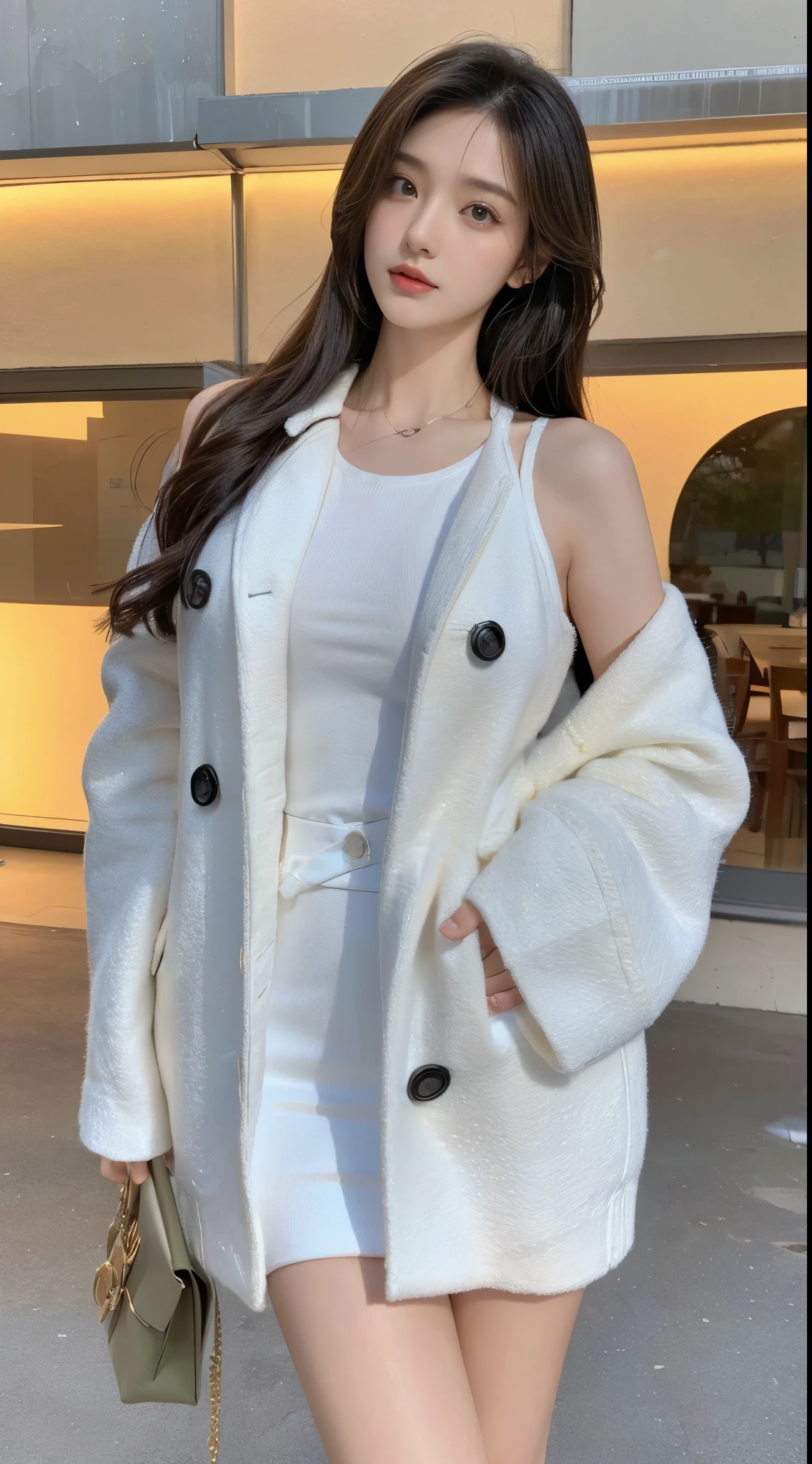1girl,short skirt,Two piece fashionable outfit, realistic detailed photo of a giant breasted girl with exposed shoulders, detailed fingers, high quality skin, red eyes, alone in a winter scene with clouds, wind, and flowing hair, (best quality,4k,8k,highres,masterpiece:1.2),ultra-detailed,(realistic,photorealistic,photo-realistic:1.37),studio lighting,vivid colors