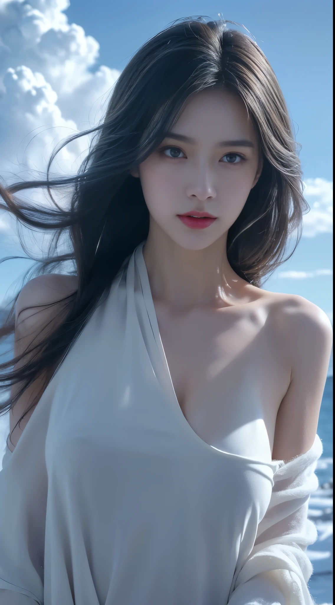 realistic detailed photo of a giant breasted girl with exposed shoulders, detailed fingers, high quality skin, red eyes, alone in a winter scene with clouds, wind, and flowing hair, (best quality,4k,8k,highres,masterpiece:1.2),ultra-detailed,(realistic,photorealistic,photo-realistic:1.37),studio lighting,vivid colors