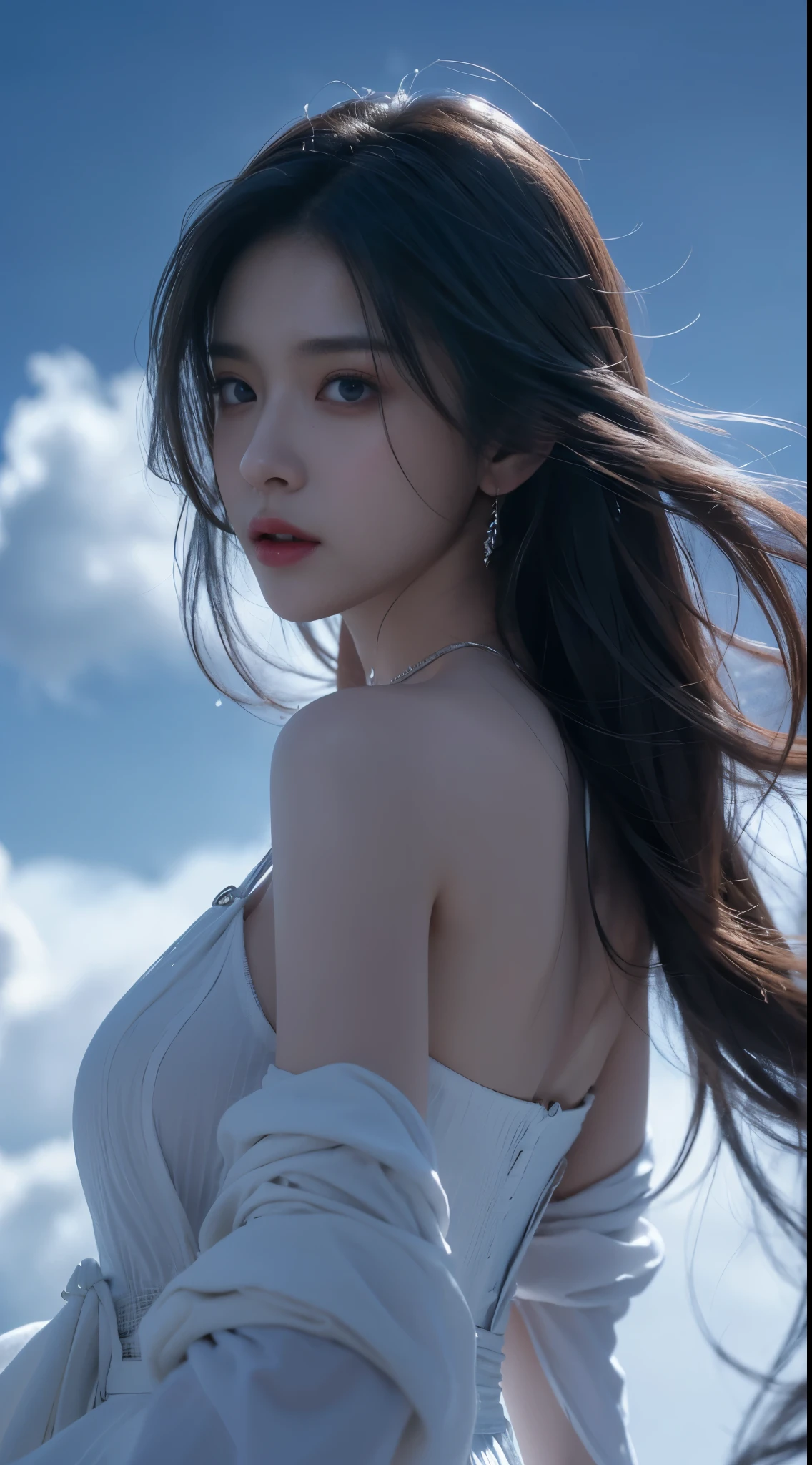 realistic detailed photo of a giant breasted girl with exposed shoulders, detailed fingers, high quality skin, red eyes, alone in a winter scene with clouds, wind, and flowing hair, (best quality,4k,8k,highres,masterpiece:1.2),ultra-detailed,(realistic,photorealistic,photo-realistic:1.37),studio lighting,vivid colors