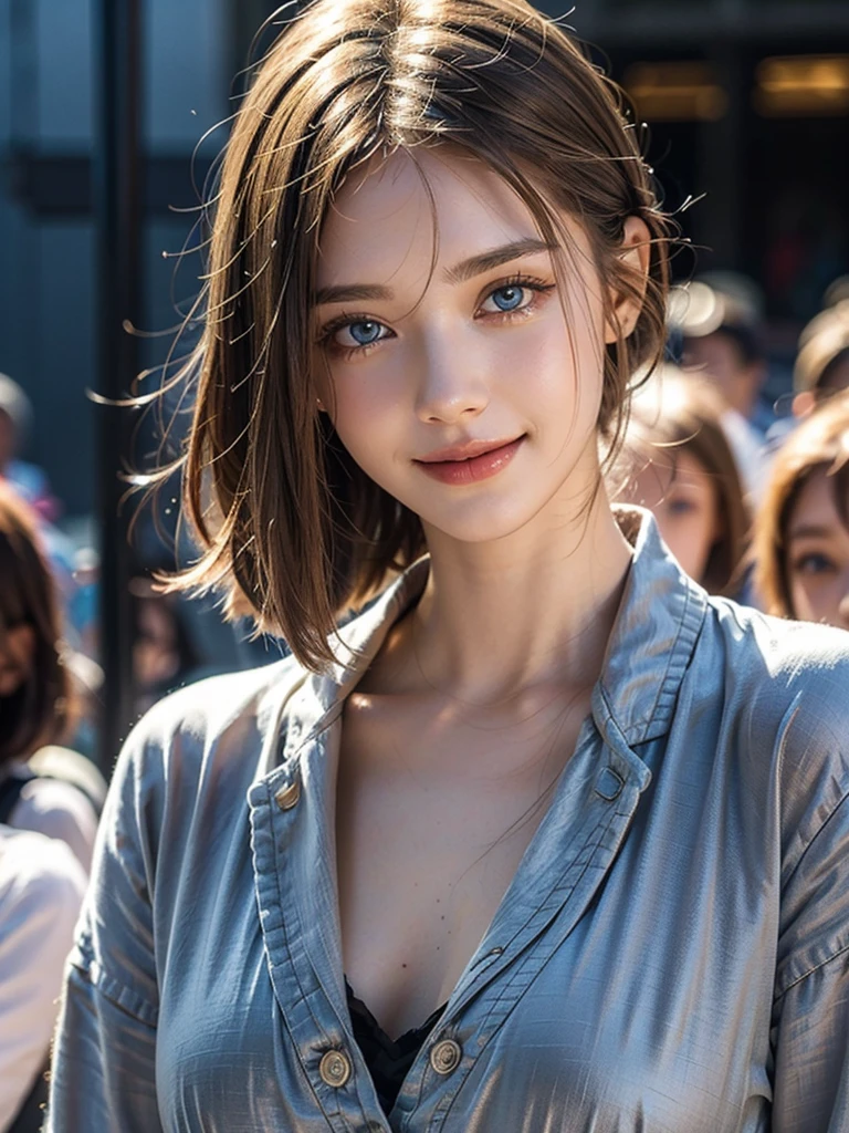 high resolution、so beautiful Woman in her 20s、(Dasha Taran)、Thoughtful expression、Clear photos、Realistic photos、Blonde Hair、Blue Eyes、Beautiful Landscape、Angelic figure、Smiling kindly at the audience