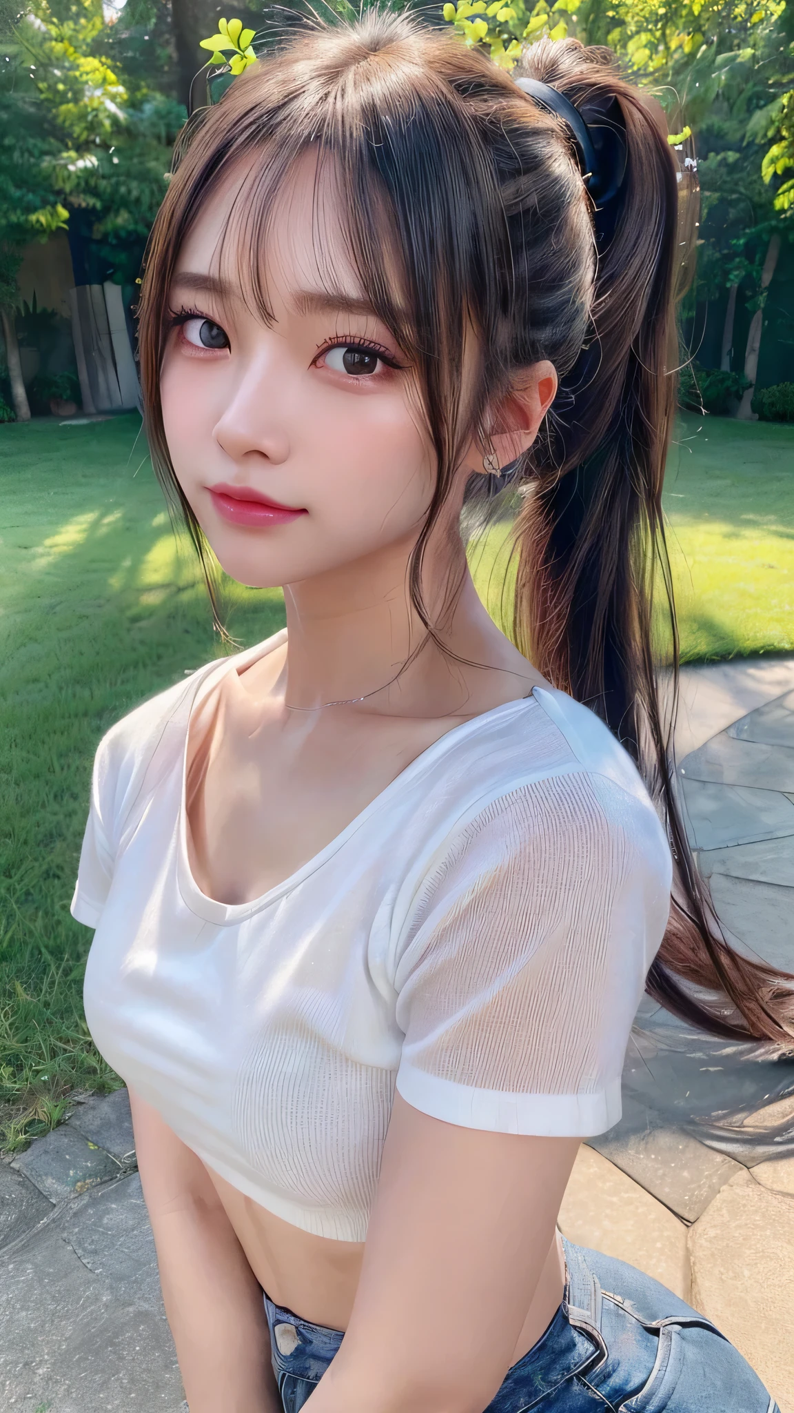 Black Bra,White T-shirt and jeans,outdoors,Urban Park,On the lawn,The straps of the Black Bra are visible.,Outdoor,Close-up of face,Outdoor,Blushing,Facing forward,,Long hair ponytail,((8K, Raw photo, Best Quality, Mastepiece:1.2), (Realism, Photorealistic:1.4), (Highly detailed 8k wallpaper), Depth of written boundary, Cinematic Lighting, Soft Light, Detailed Beauty Eye,Shiny and smooth light brown ponytail, Asymmetrical bangs, Shiny skin, Ultra-detailed skins ,It is high resolution., High detail, Detailed hairstyle, Detailed facial beauty, Hyper-realistic, Perfect limbs, Perfect Anatomy ,1 Japanese girl,Famous Japanese Idols, Perfect female body,A shy smile,Short eyelashes,Double-edged eyelids,Look straight here,Hair style: ponytail,