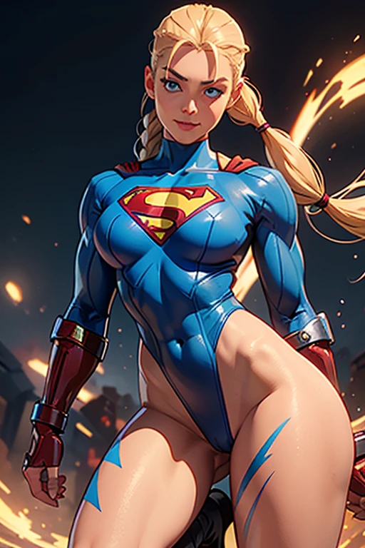 Masterpiece, 4k, highly detailed, supergirl, Looking to the camera, blue eyes, platinum blonde hair combed into long pigtails with a small blade of bangs over her forehead, Titis ancho,, (()), Beautiful large breasts woman dressed as a military woman ((blue thong class leotard and the superman insignia on her chest)), (()), ((())) , red  boots and red gauntlets, (), Clear half-body image, smiling at the viewer, Extreme amount of details, (Make every pixel count to draw the most beautifully detailed art you can :1.1), analog style, bright colors, symmetrical, centered, close-up, feminine, athletic, fit, narrow waist, tall, tanned skin,  realistic body proportions, realistic, photo-realistic, 8k, highly detailed, LED light, laser lights, fruity, (thepit bimbo:0.5), Glossy, anatomically correct, symmetrical anatomy
Feedback
