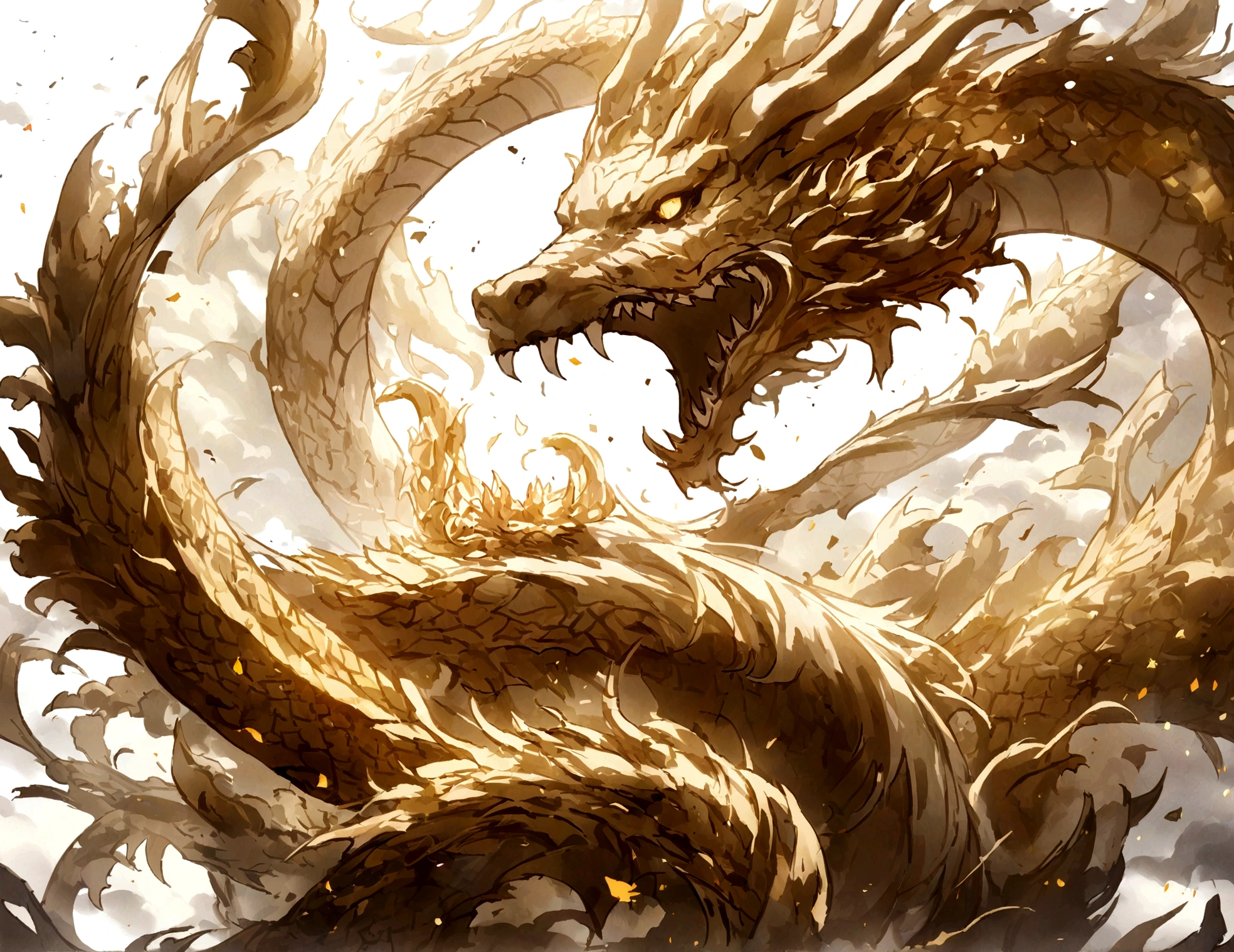 Golden Chinese dragon、Heading to Heaven、White Background、One Head、Sunlit