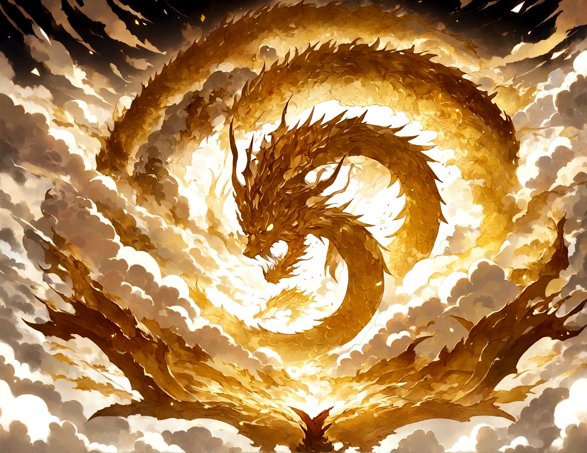 logo、masterpiece、(White background:1)、Golden Chinese dragon surrounded by white clouds、god々々Hello、Wind、god々、Long undulating body、tooth、Upper body、Fantasy、god話、high quality、Very detailed、masterpiece、narrative poem、Particle Effects、Dynamic Effects