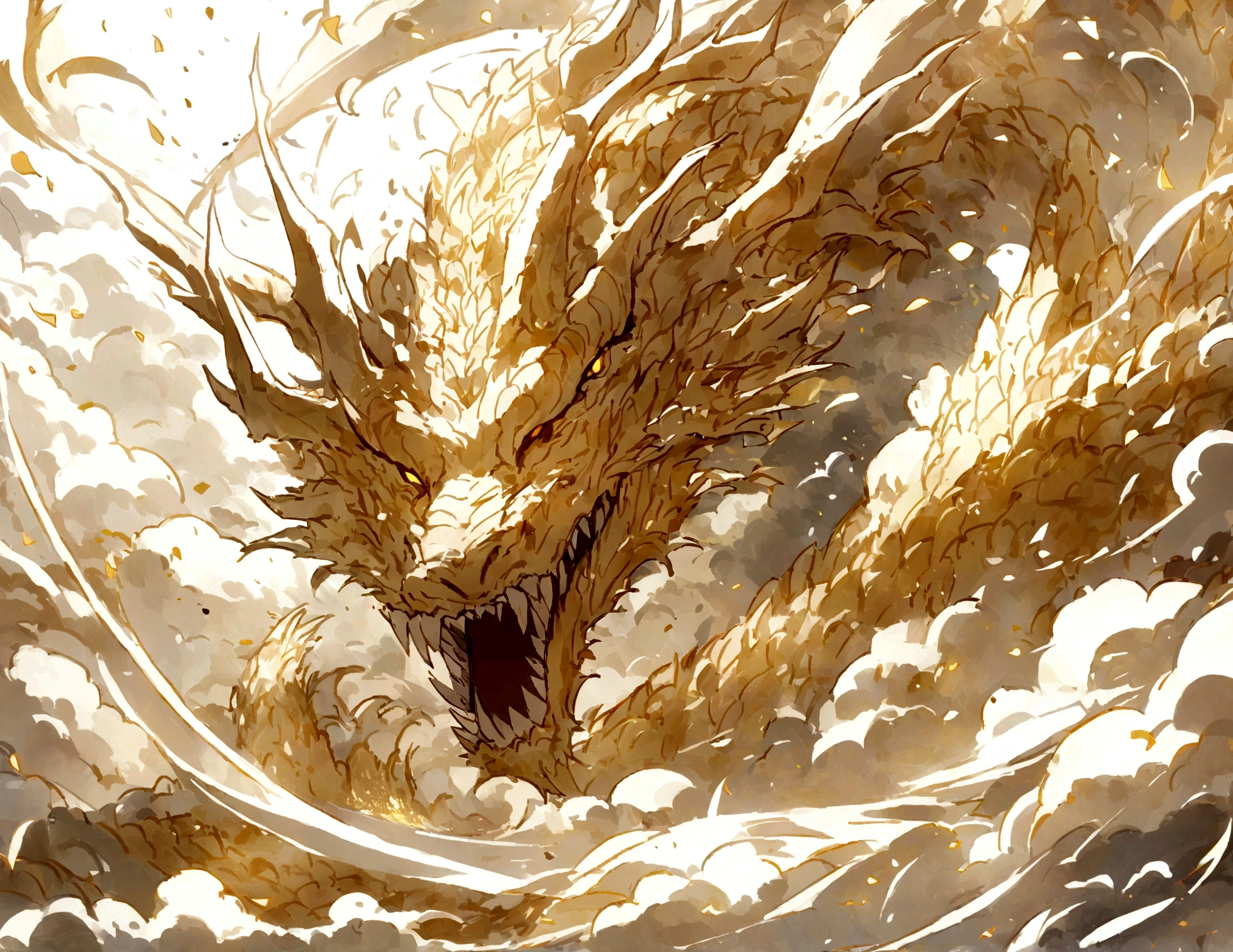 logo、masterpiece、(White background:1)、Golden Chinese dragon surrounded by white clouds、god々々Hello、Wind、god々、Long undulating body、tooth、Upper body、Fantasy、god話、high quality、Very detailed、masterpiece、narrative poem、Particle Effects、Dynamic Effects