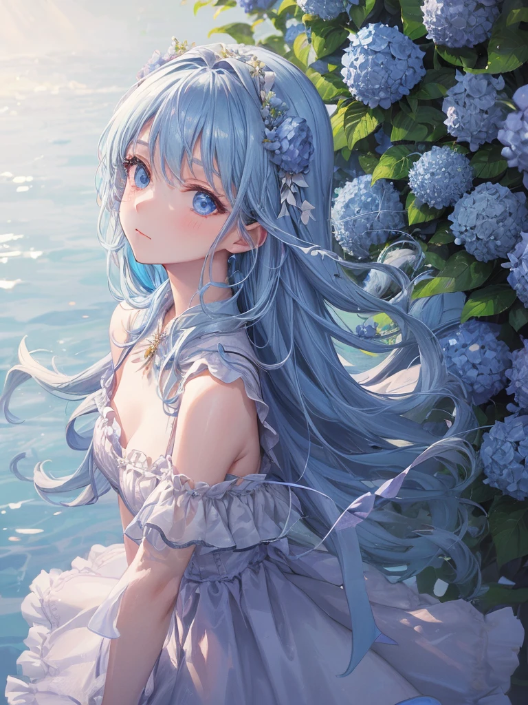 art by Cornflower,(​master piece),(top-quality:1.2),(perfect anatomy),1 girl,beautiful detailed blue eyes,exquisitedetails,Vibrant colors, Soft tones, With warm and gentle lighting,(blue capelet fashion),(Beautiful silky blue hair:1.2)，It's like a starry sky,small breasts,(from above),Combination of digital illustration and photography,soft pastel tones,Create an ethereal atmosphere like a dream,Depth of written boundary, Bokeh,film lighting,Standing in a park full of blue hydrangea