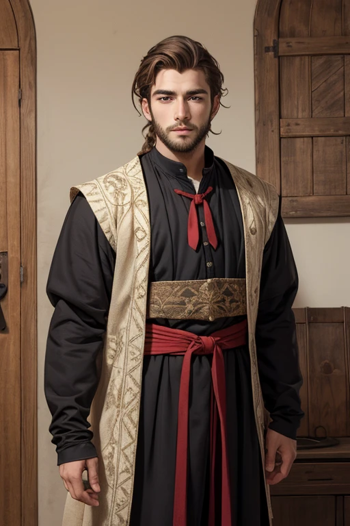 Create a young man with brown, tied-up hair. Avec une barbe. And in medieval attire
