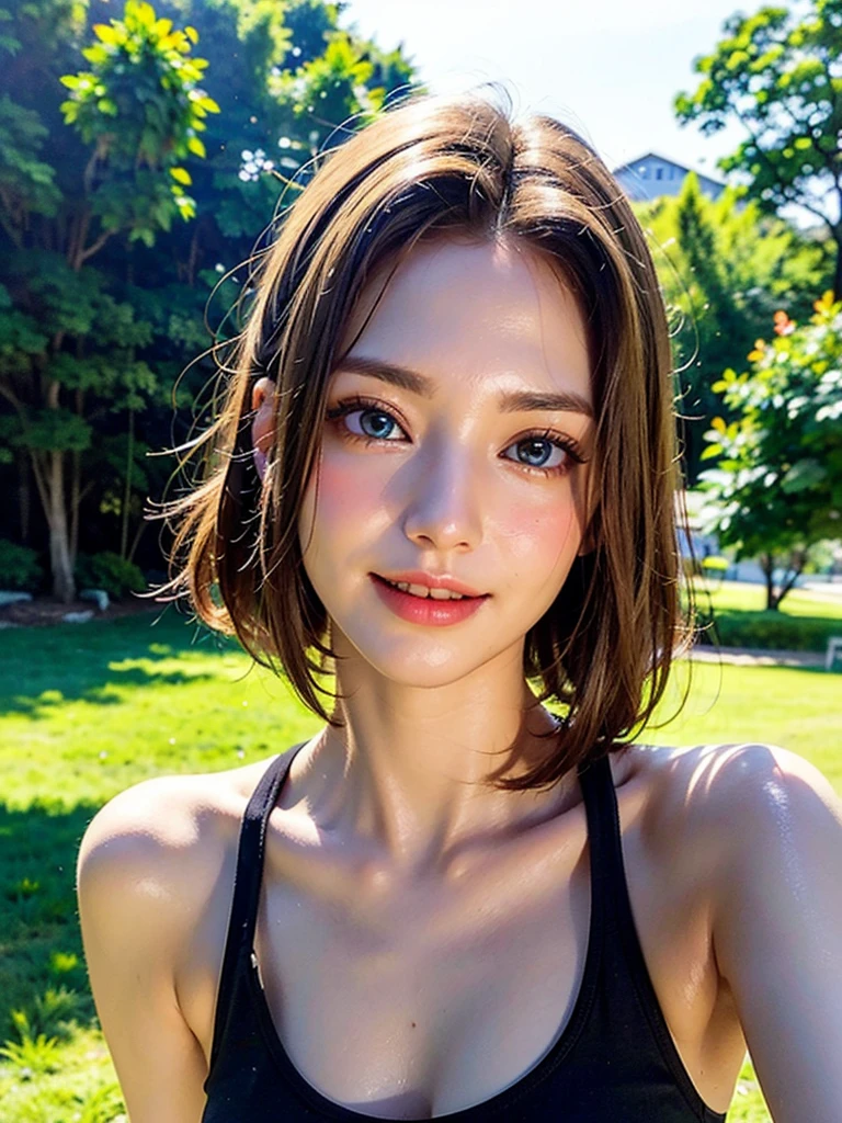 high resolution、so beautiful Woman in her 20s、（Dasha Taran）、Thoughtful expression、Clear photos、Realistic photos、Blonde Hair、Blue Eyes、Beautiful Landscape、Angelic figure、Smiling kindly at the audience