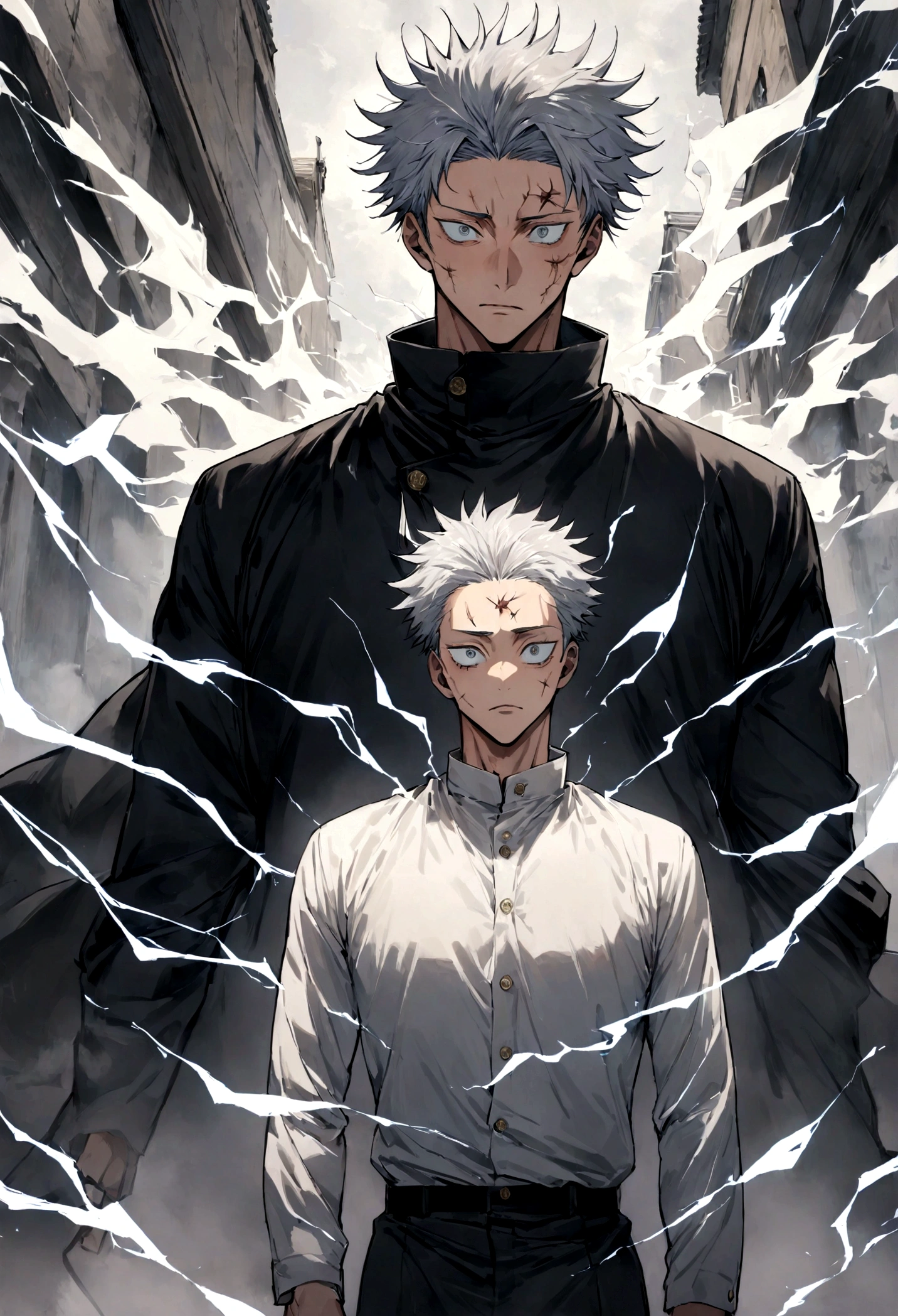 1 boy, Men&#39;s Center, Satoru gojou,Jujutsu Kaisen、Injury, electricity,, masterpiece, highest quality, so beautiful,stitch on forehead