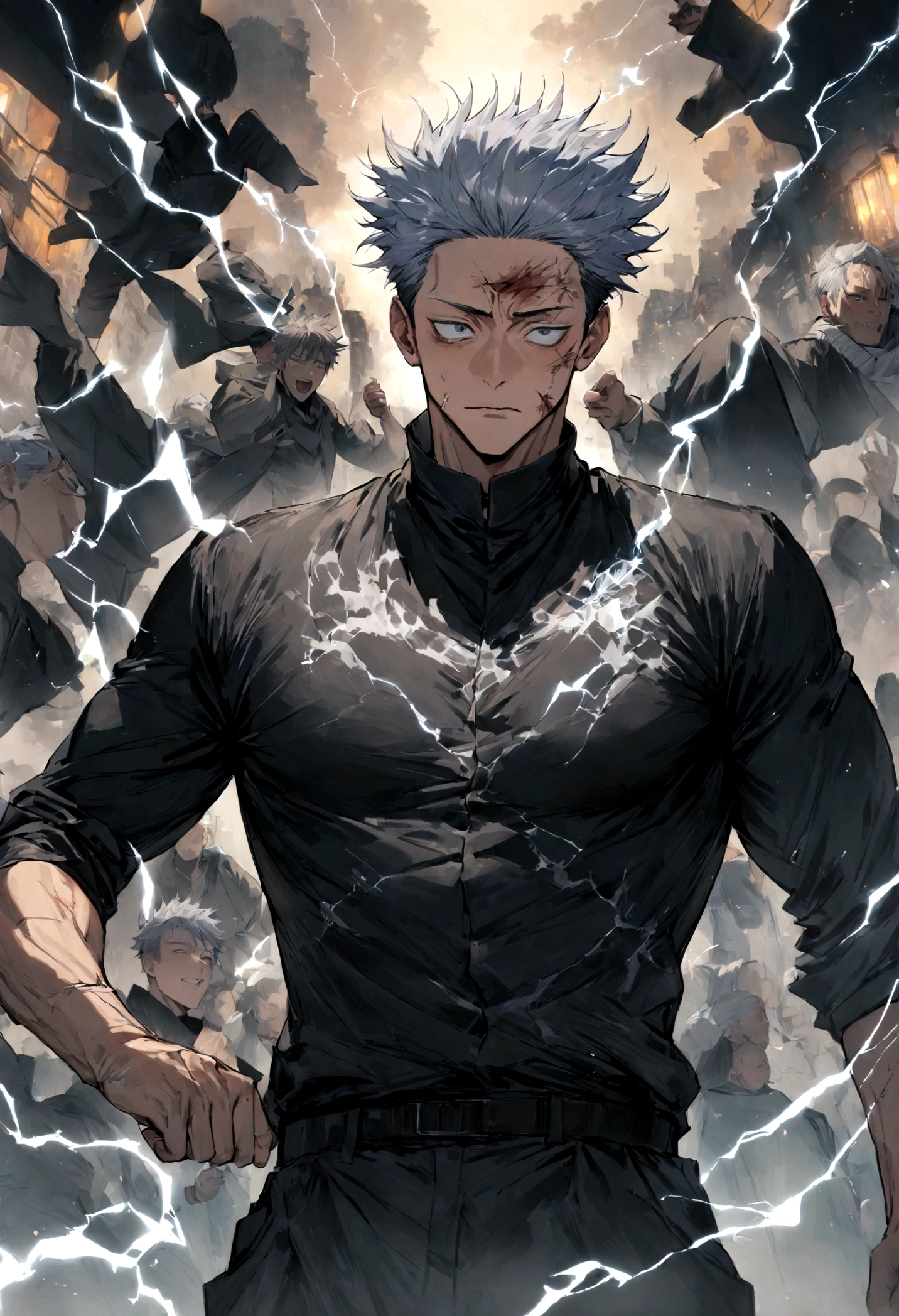 1 boy, Men&#39;s Center, Satoru gojou,Jujutsu Kaisen、Injury, electricity,, masterpiece, highest quality, so beautiful,stitch on forehead