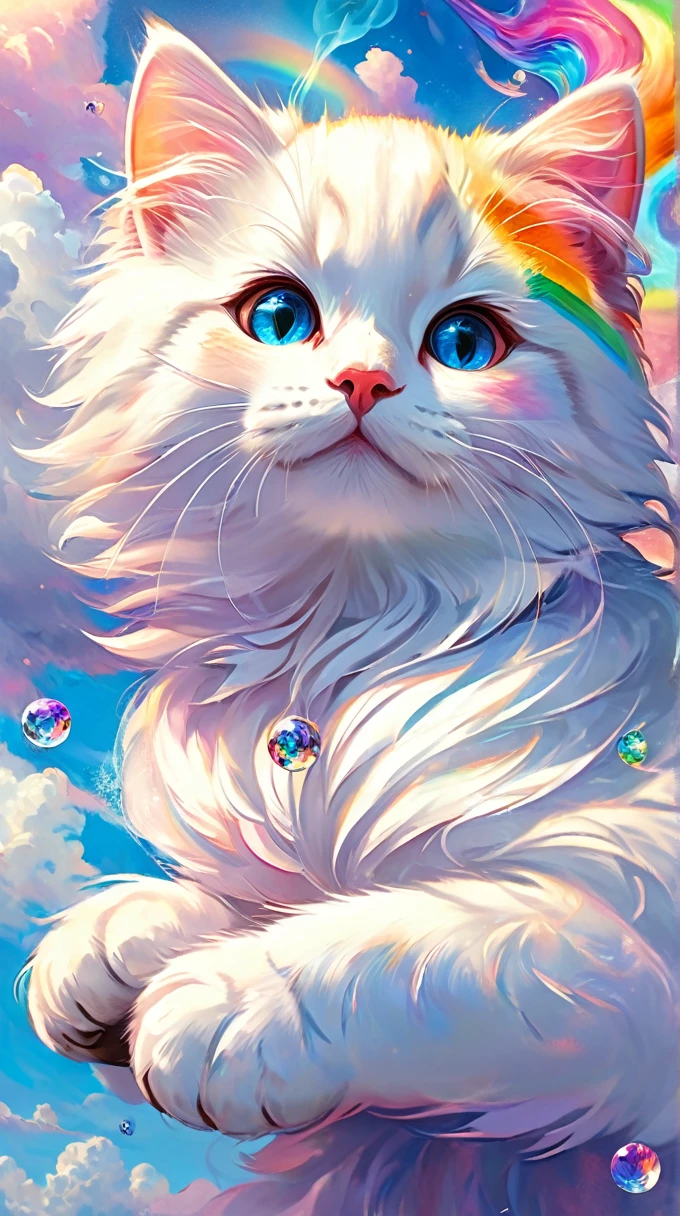 (((masterpiece))), ((ultra detailed)), Cute abstract style, smoke, in the sky, colorful and bright, mystical colors, modern impressionism, Portrait painting by Yanjun Cheng, Rainbow perspective view ,low angle, swirling composition, big beautiful crystal eyes, large irises, UHD, HDR, 8K, the most beautiful portrait in the world, white kitten, unrepresentative, Colors & Shapes, Expressing Feelings, creative