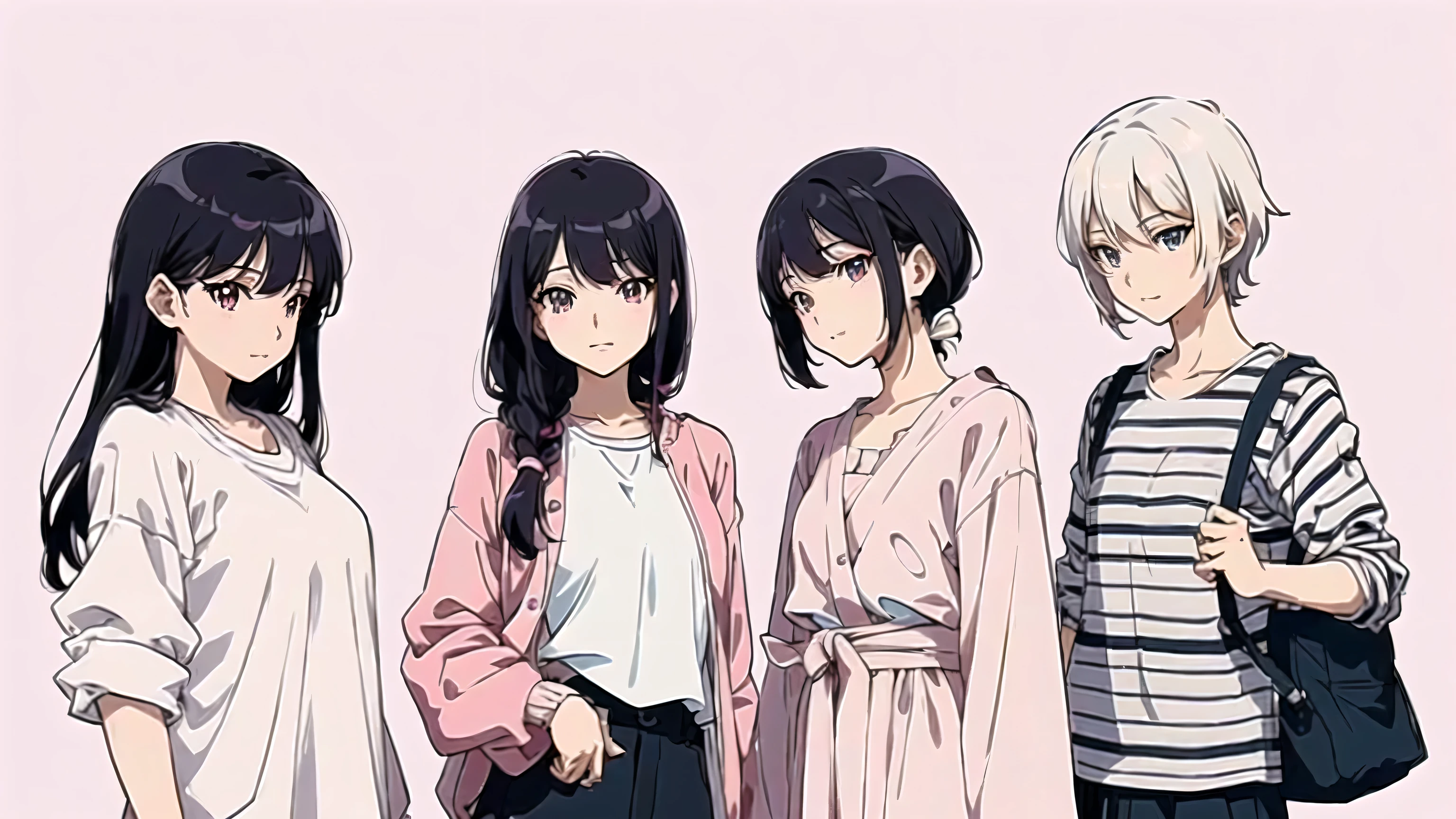 Anime characters standing side by side on a pink background, Style Anime, Anime visual style, Anime art style, beautiful Anime art style, flat Anime Style, modern Anime Style, Anime Style illustration, Anime Girls, In 80s anime art style, in Anime Style, Anime Style. 8k, Anime Style 4 k, Anime Style art