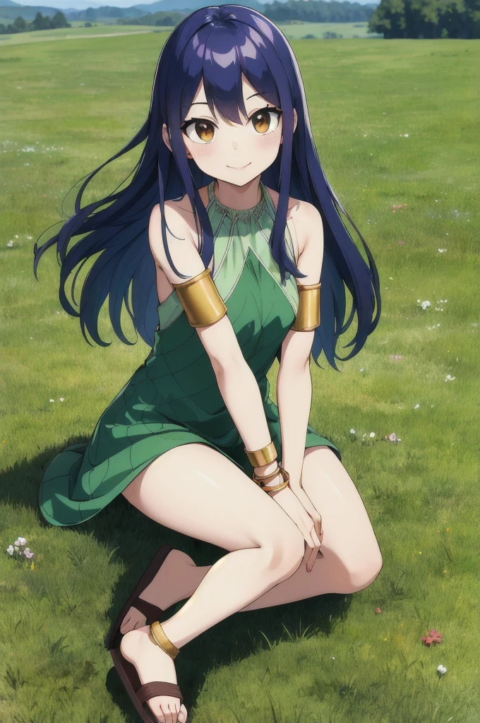 masterpiece, best quality, highres, aawendy, long hair, bare shoulders, green dress, sleeveless dress, armlet, bracelet, field, wariza, sitting, smile, sandals,