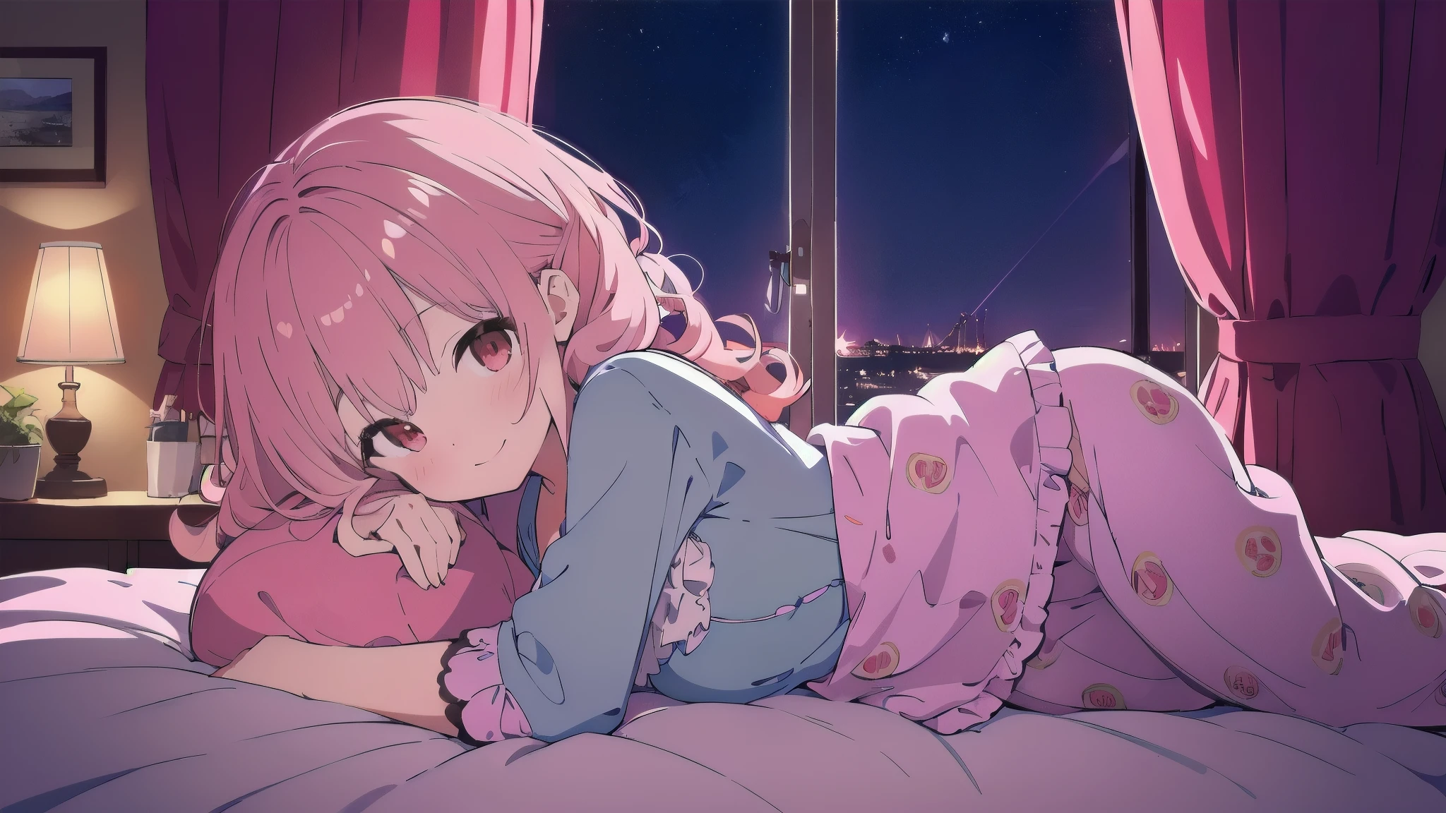 Very detailed, Detailed Background,　(highest quality, masterpiece, High resolution), One girl,　Demure,　(Curly Hair:1.4), Twin tails, smile,　 Mid-chest, Pink Hair,  Upper Body, pajamas,　long hair、　(night:1.4),　Dimly lit room, (Bluish light:1.4),　Co-sleeping style