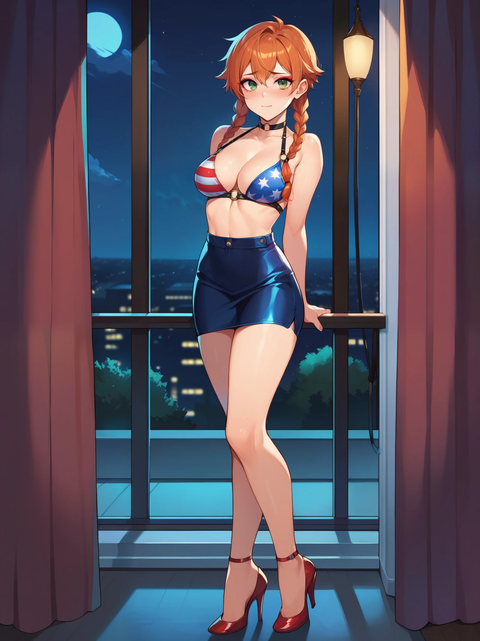 score_9, score_8_up, score_7_up, ginger hair, pigtails, braided pigtails, freckles, pale  green eyes, red eyeshadow, 1girl, solo, balcony, flag bikini, harness, high heels, short dress, gown, night, night time, moonlight, indoors, fancy, bedroom, tomboy, shy, blush, standing, choker