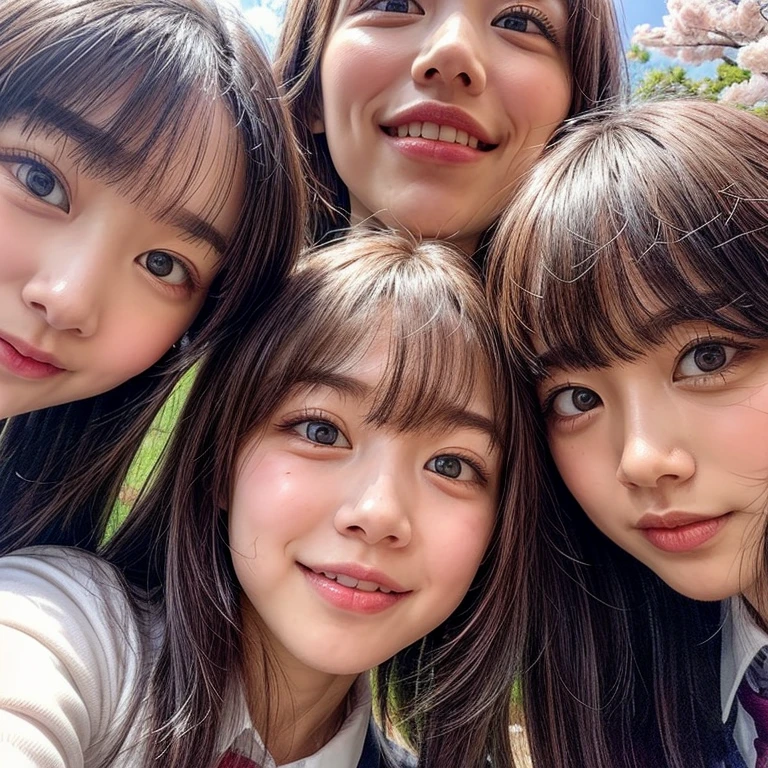 Best_Quality, HDR, masterpiece, Hi-Res, (Acutance:0.85), (realistic and photorealistic with touch of rawness:1.37), (group photo:1.6), ((3SchoolGirls Surrounding the camera in Upward composition)), Panoramic, (NOGIZAKA face variations:1.4), { Looking down at the camera | (Kissing face to face) }, (((close:1.2, Face closeup from below:1.4))), (((Sky background)) with CherryBlossoms) . BREAK Extremely Detailed KAWAII face variations, captivating gaze, elaborate detailed Eyes with (sparkling highlights:1.32), long eyelashes、Glossy RED Lips with beautiful details, Coquettish tongue, Rosy cheeks, Glistening ivory skin . { (Dynamic joyful expressions) | (:d) | (Kissing) }, ((Childish)), SchoolUniform, { Different types of hair colors | Bangs | Hime cut | OKAPPA }