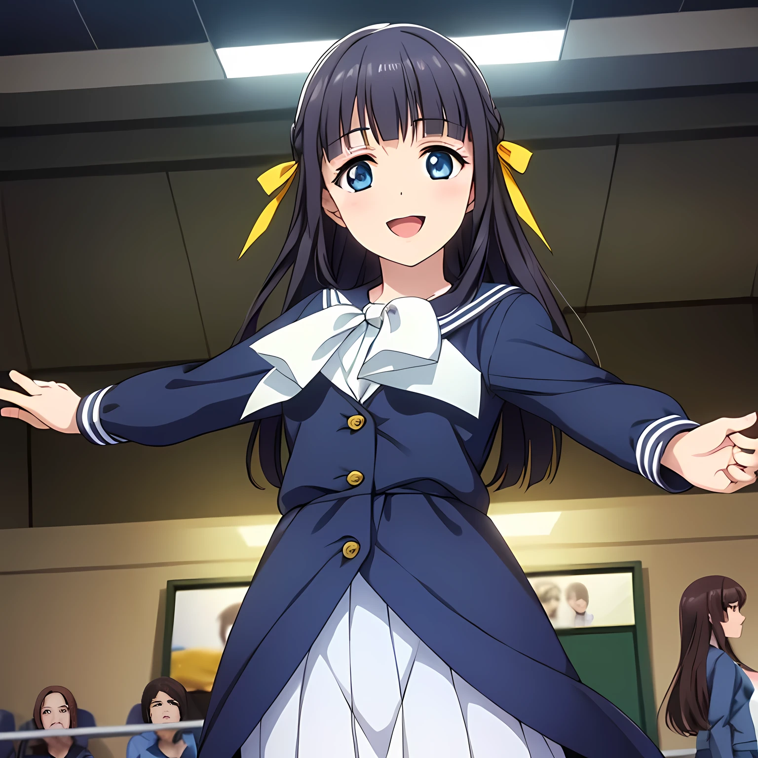 (highest quality, masterpiece:1.2), highest quality, High resolution, 1080p, 8K, CG of the heroine of a beautiful girl game, Height: 158cm, A beautiful woman with a smile falls upside down from the sky like an angel, A face that everyone loves, Glossy lips, Even bangs, Double, Long eyelashes on both the top and bottom, Smiling blue eyes, The very large and thick yellow ribbon bowtie is very cute., ((Black Hair)), Beautiful, shiny, long black hair, ((Show off a long, neat, dark navy pleated skirt)), (((A long-sleeved navy blue sailor uniform for winter, all dark blue in color))), ((Navy blue jacket)), Smiling, slightly open mouth like a game heroine, Ribbon in hair, Tight waist, Approaching the viewer with open arms, ((Talking to the audience)), ((Trying to kiss)), A very sacred temple in the sky, Shooting from below, ((Blur the background))
