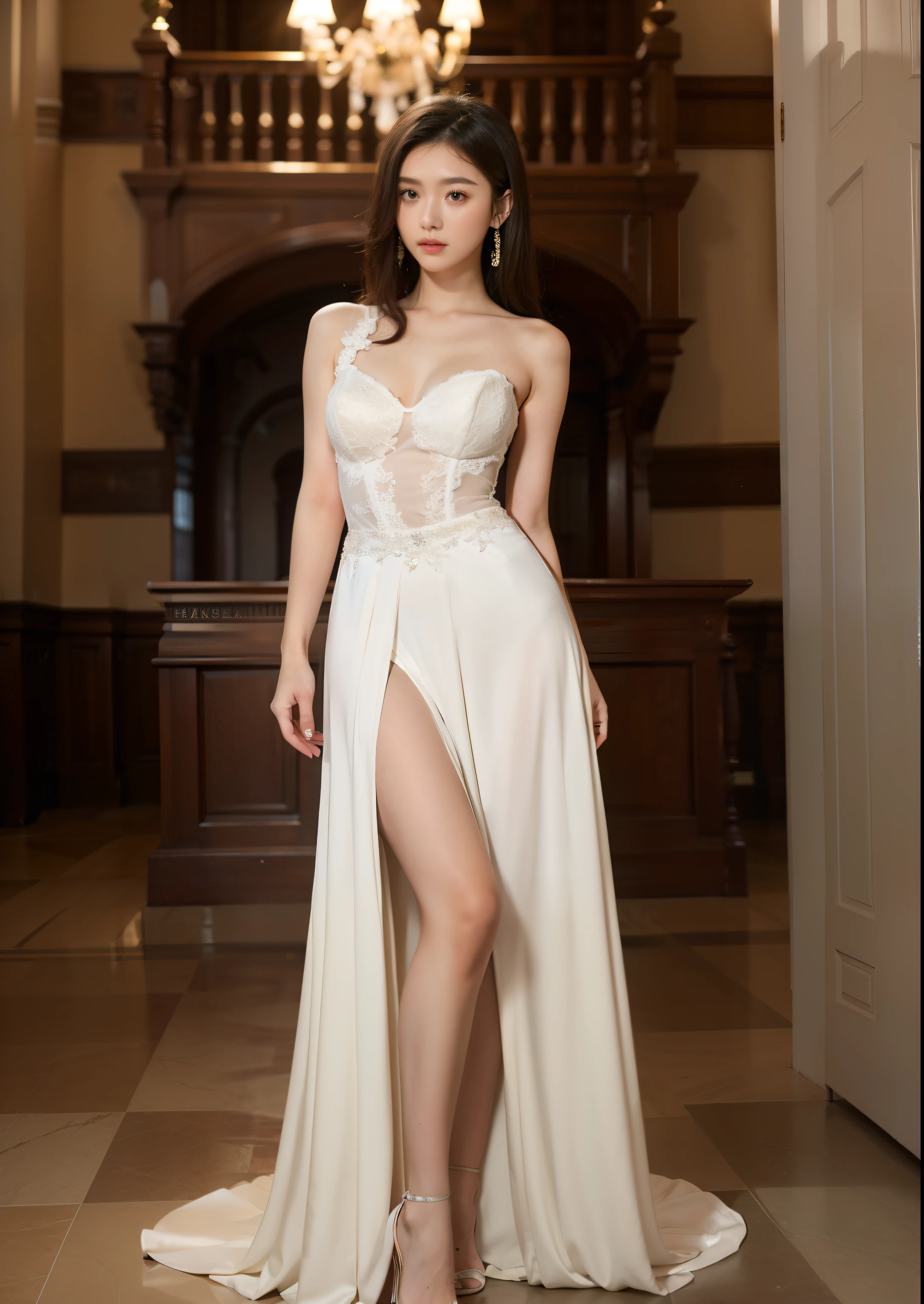 Beautiful 25 year old tall and slender woman。She is fashion model. She is staying in the old classic church. She is wearing a wedding dress that a leg is visible. She is illuminated by sunset light. the evening church lights is on . her dark brawn hair. High resolution、masterpiece、highest quality、頭w:1.0、((Hasselblad Photos))、fine skin、(movie lighting)、clavicle . full body picture.