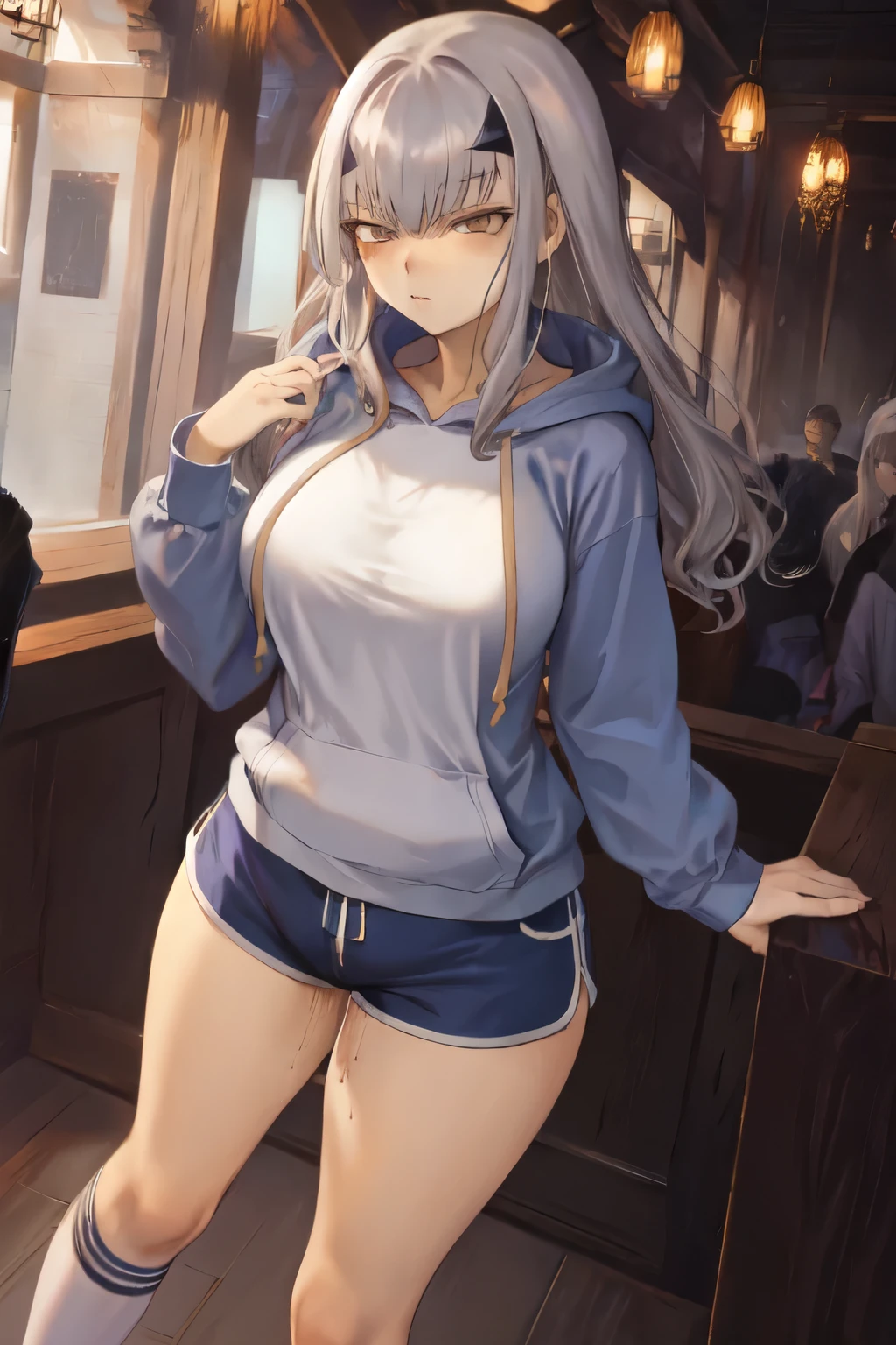 masterpiece, highest quality, 1 person,( Large Breasts,Blue hoodie, Are standing, View Audience,Dolphin Shorts,),Detailed Background、A person who writes in detail、Accurate human body、Knowledgeable person、Five correct answers、Mature Woman,Thighsが太い,cruvy body,Melusine, (Brown eyes:1.5), Long Hair, ((Gray Hair)), Side Lock,Long sleeve、Knee socks、Thighs、白いKnee socks、solo,pussy juice stain