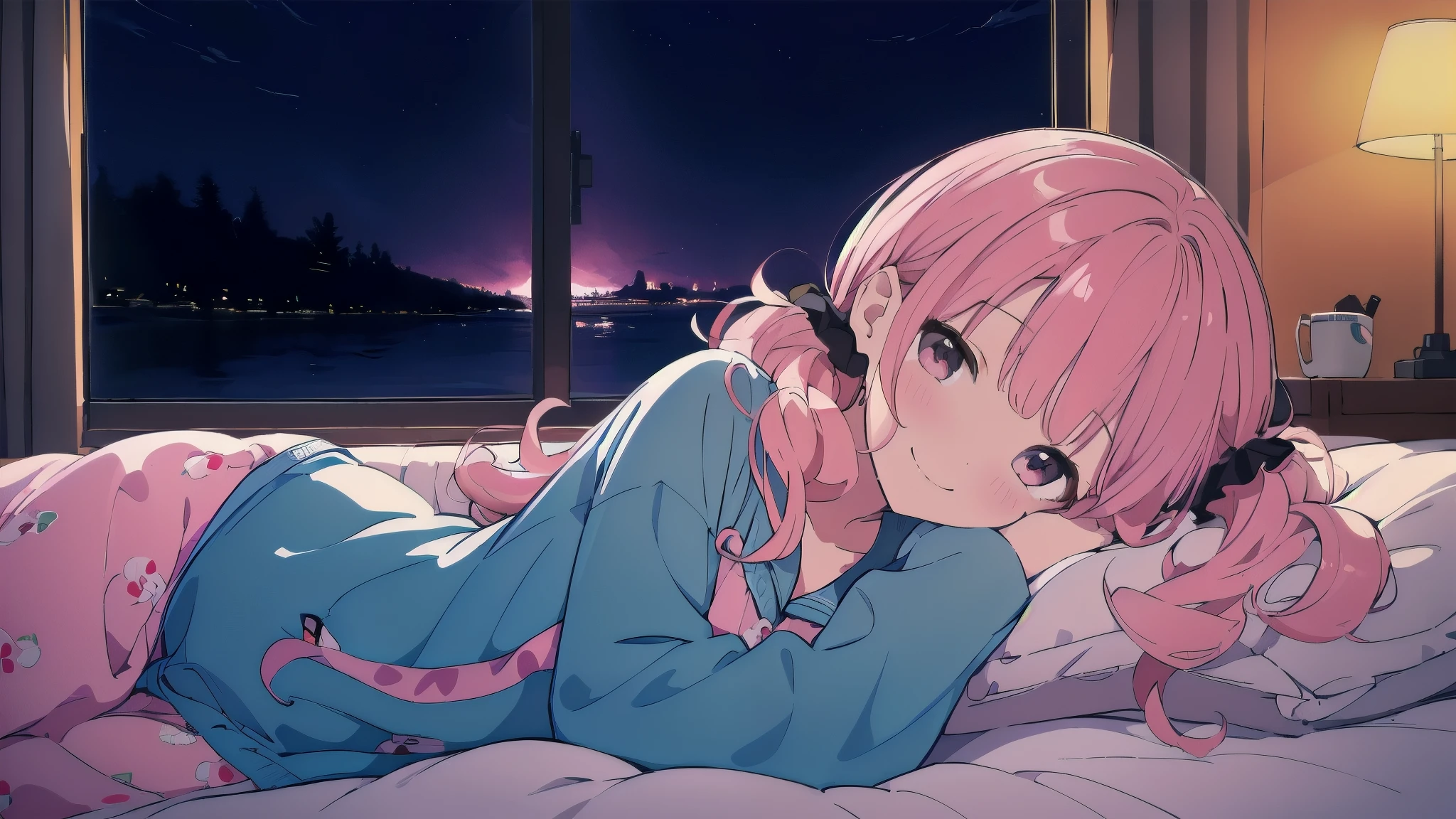 Very detailed, Detailed Background,　(highest quality, masterpiece, High resolution), One girl,　Demure,　(Curly Hair:1.4), Twin tails, smile,　 Mid-chest, Pink Hair,  Upper Body, pajamas,　long hair、　(night:1.4),　Dimly lit room, (Bluish light:1.4),　Co-sleeping style