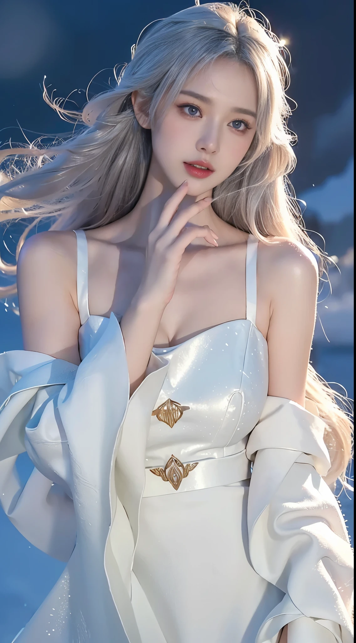  realistic detailed photo of a giant breasted girl with exposed shoulders, detailed fingers, high quality skin, red eyes, alone in a winter scene with clouds, wind, and flowing hair, (best quality,4k,8k,highres,masterpiece:1.2),ultra-detailed,(realistic,photorealistic,photo-realistic:1.37),studio lighting,vivid colors