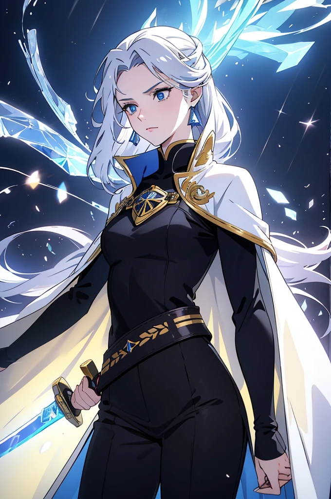 A woman, young, 19 years old, swordsman, Long white hair, Skin as white as snow, calm gaze, Blue eyes like crystal, Black Sweater, Black pants, cape, Crystal sword, The earrings on her ears, Background with blue lights.