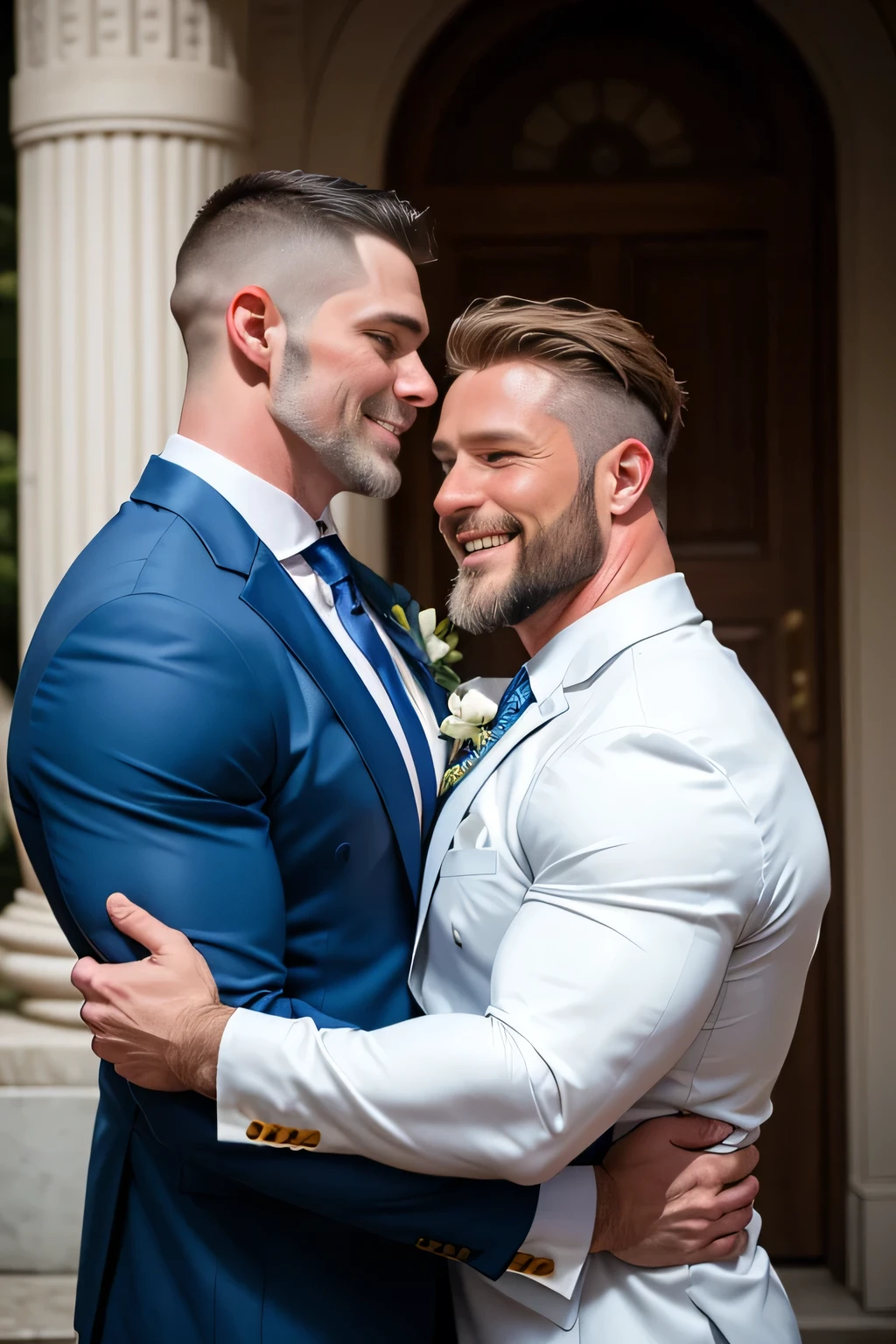 Award-winning original photos,2men, wild muscular men, (40 years old), beards, burly, hunk, jackets, smilling happily, wedding ceremony, (blue suits), (white dress shirt), (blue neckties), (blue jackets), hugging, detailed, lovely, faces closeup, flowers, from the side