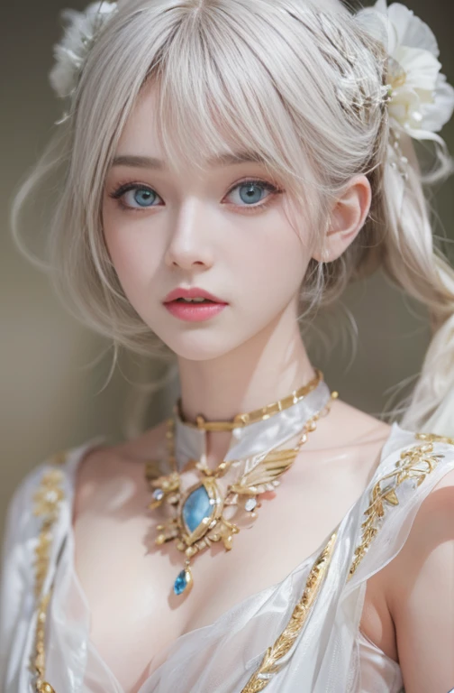 18-year-old, Close up portrait of woman in Ancient Greek clothing 、Shoulders out、thin、Serious expression、Short-haired、Deadly position, Gorgeous Necklace, Light milky porcelain skin, Smooth, Translucent white skin, Enchanting anime girl, Beautiful and seductive anime woman, Ultra realistic sweet bunny girl, Pale porcelain white skin, Smooth, Realistic and perfect body, Anime Girl Cosplay, Perfect body with realistic shadows, Switzerland'masterpiece, Hugging a cute white rabbit