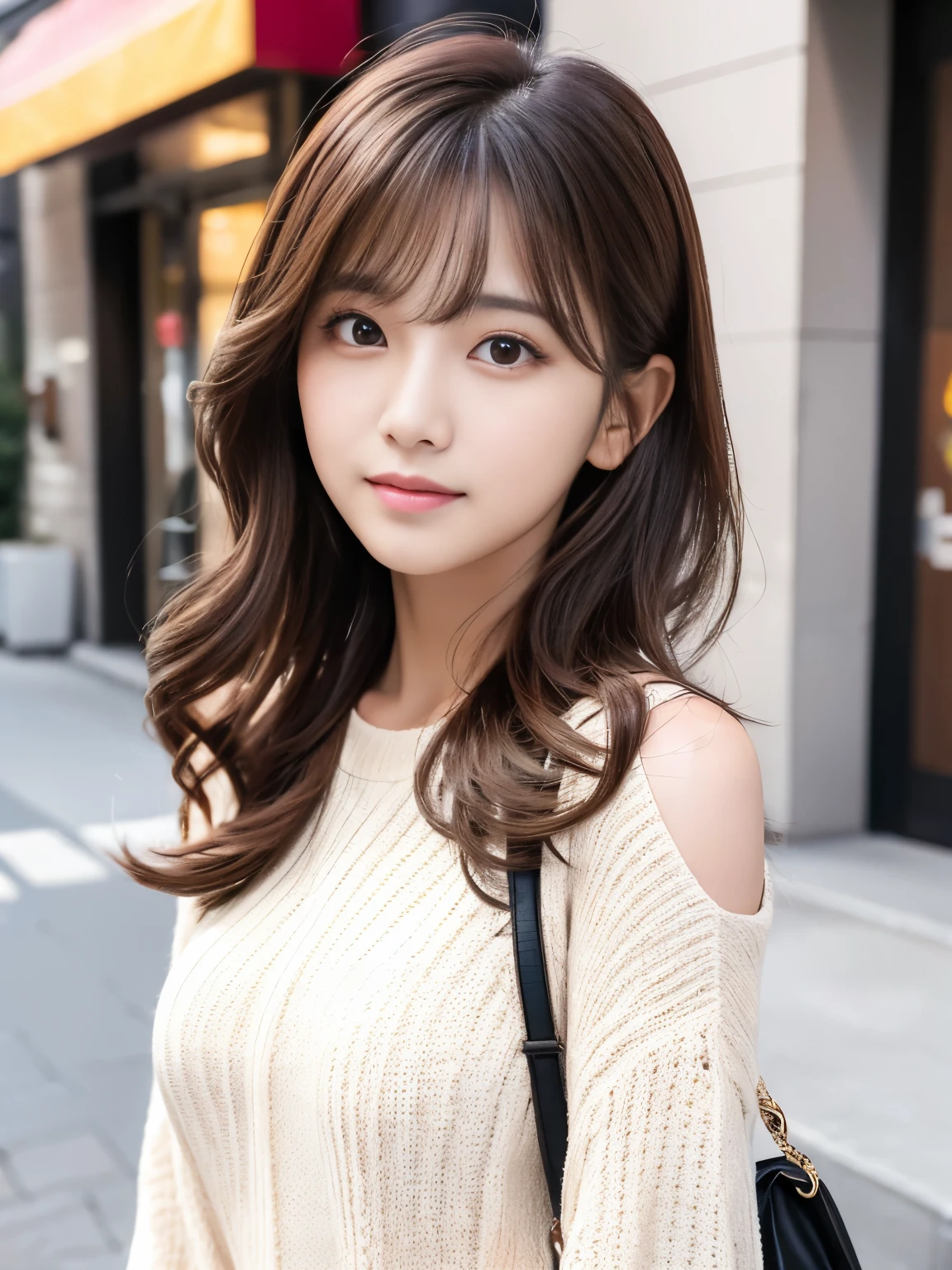 Ultra High Definition, Superior Quality, Premier Quality, ultra detailed, Photorealistic, 8k, RAW Photos, highest quality, masterpiece, Young asian woman with long brown hair wearing a white knit, beautiful young korean woman, gorgeous young korean woman, young adorable korean face, korean girl, beautiful Korean Idol, neat hair with bangs, portrait of female korean idol, tzuyu from twice, brown hair with bangs, wavy shoulder-length hair, brown hair and bangs, 
